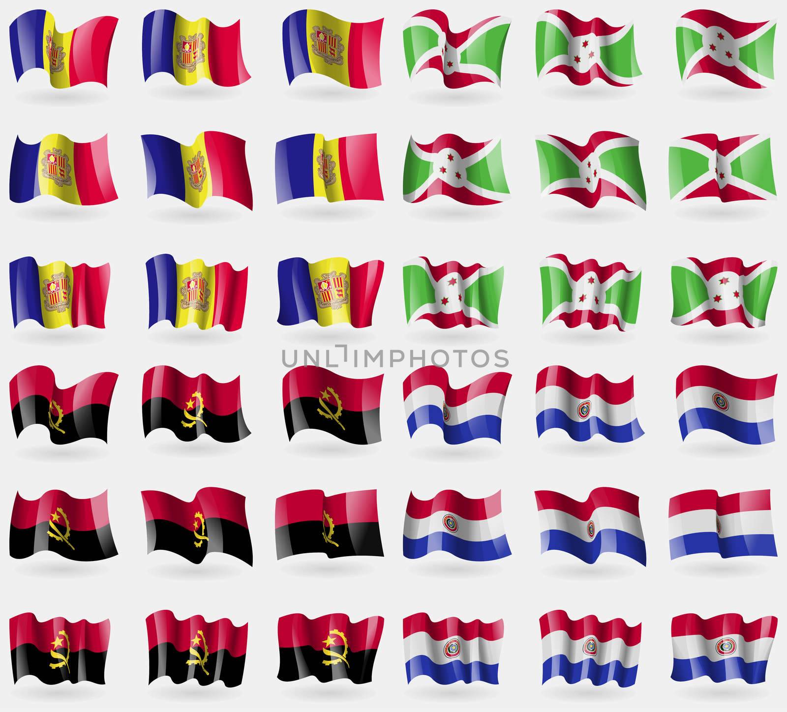Andorra, Burundi, Angola, Paraguay. Set of 36 flags of the countries of the world.  by serhii_lohvyniuk