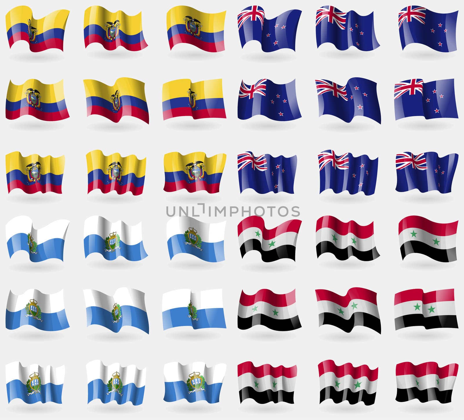 Ecuador, New Zeland, San Marino, Syria. Set of 36 flags of the countries of the world. illustration