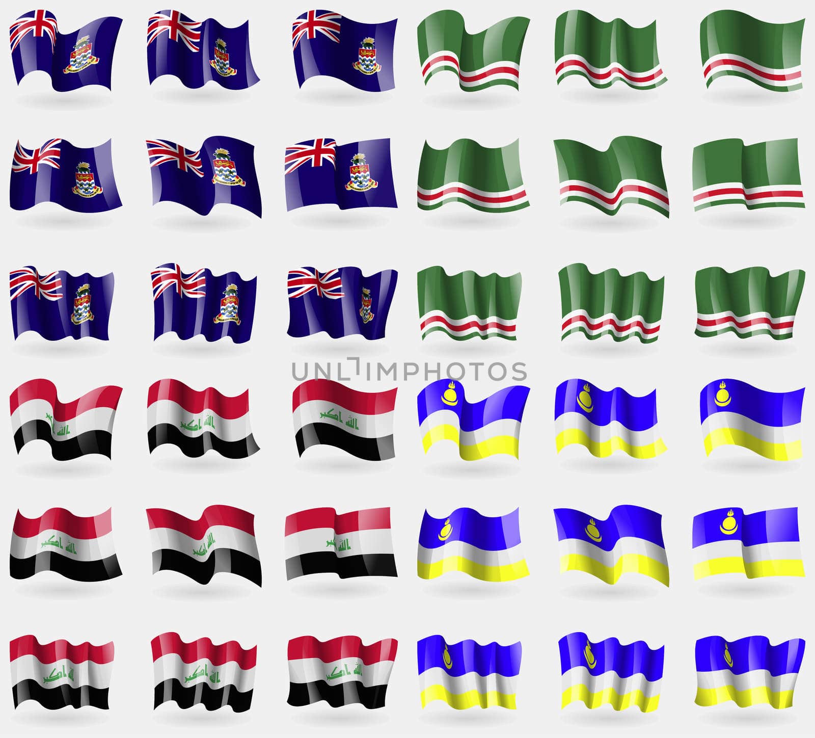 Cayman Islands, Chechen Republic of Ichkeria, Iraq, Buryatia. Set of 36 flags of the countries of the world. illustration