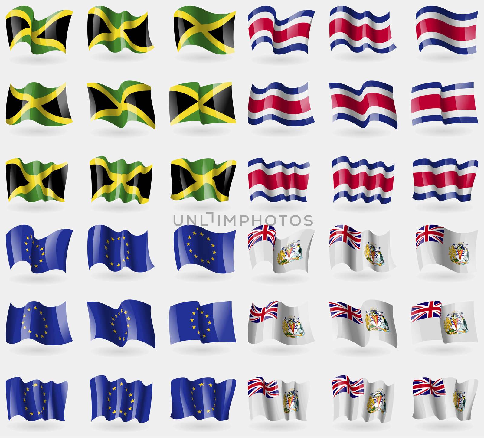 Jamaica, Costa Rica, European Union, British Antarctic Territory. Set of 36 flags of the countries of the world. illustration