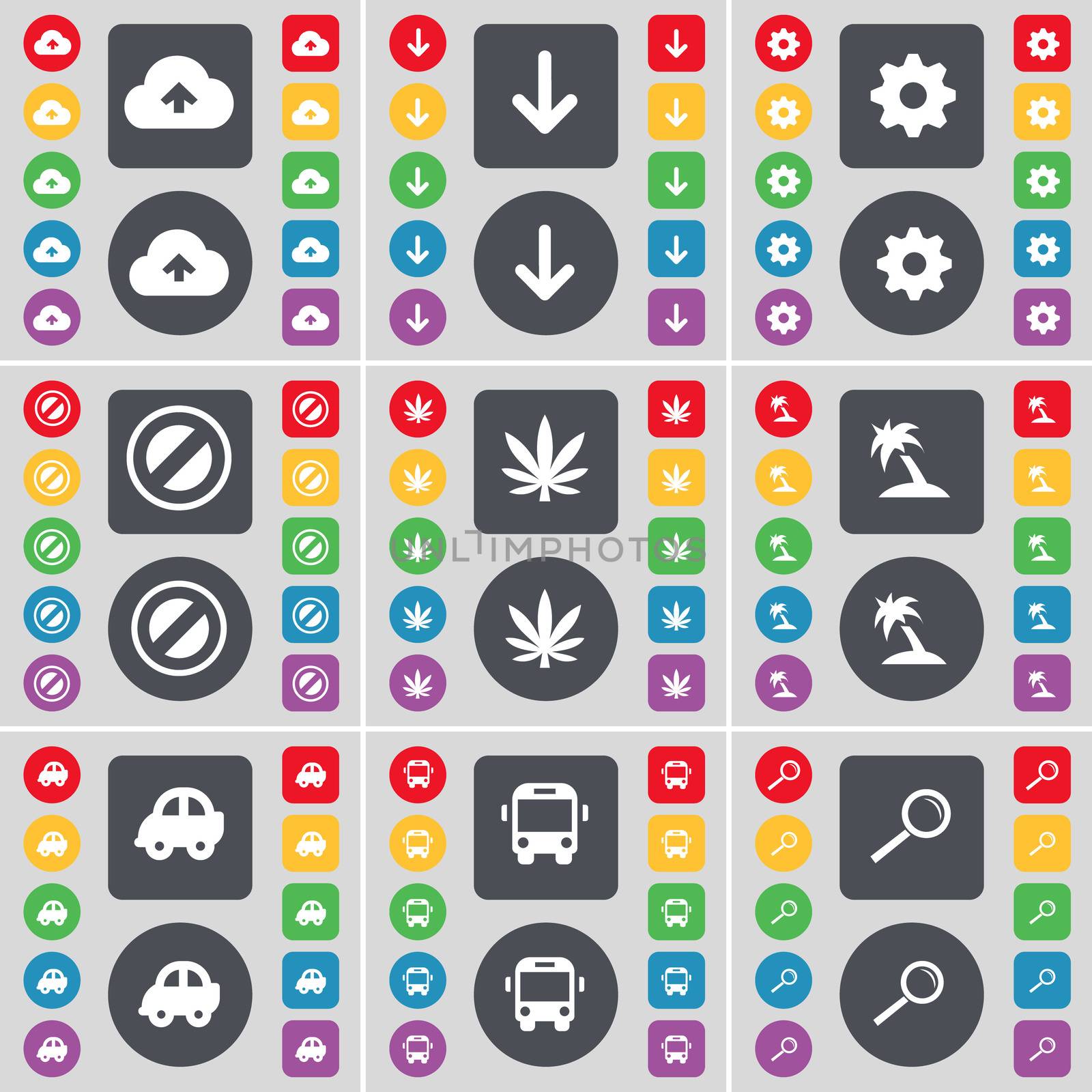 Cloud, Arrow down, Gear, Stop, Marijuana, Palm, Car, Bus, Magnifying glass icon symbol. A large set of flat, colored buttons for your design. illustration