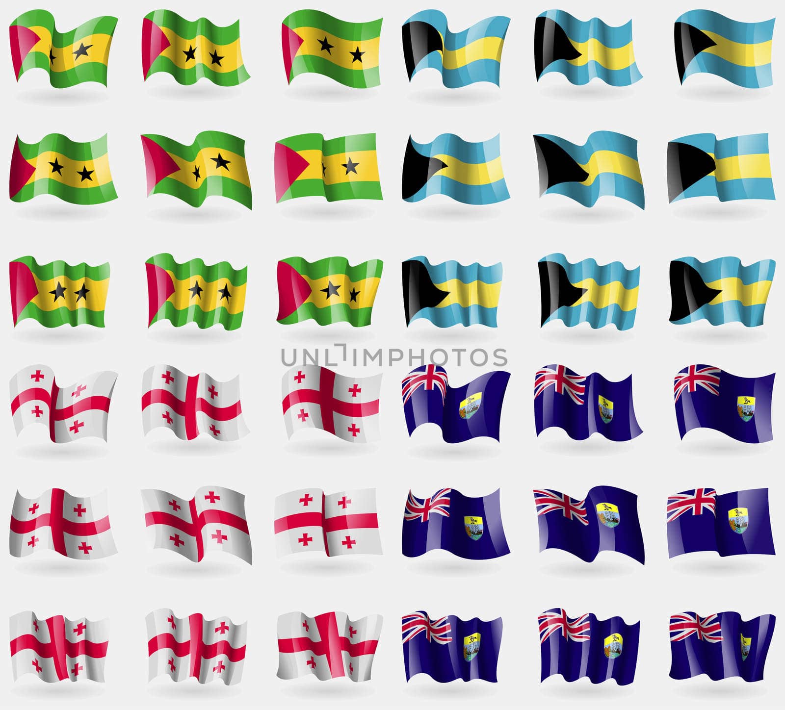 Sao Tome and Principe, Bahamas, Georgia, Saint Helena. Set of 36 flags of the countries of the world.  by serhii_lohvyniuk