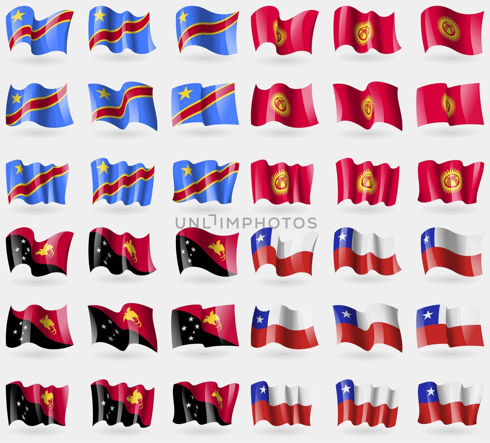 Congo Democratic Republic, Kyrgyzstan, Papua New Guinea, Chile. Set of 36 flags of the countries of the world. illustration