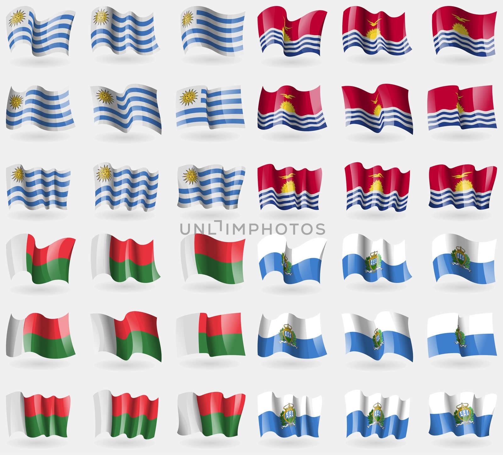 Uryguay, Kiribati, Madagascar, San Marino. Set of 36 flags of the countries of the world. illustration