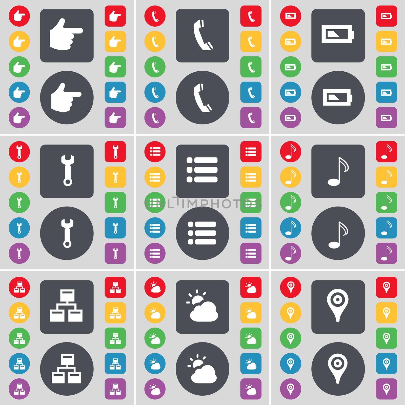 Hand, Receiver, Battery, Wrench, List, Note, Network, Cloud, Checkpoint icon symbol. A large set of flat, colored buttons for your design. illustration