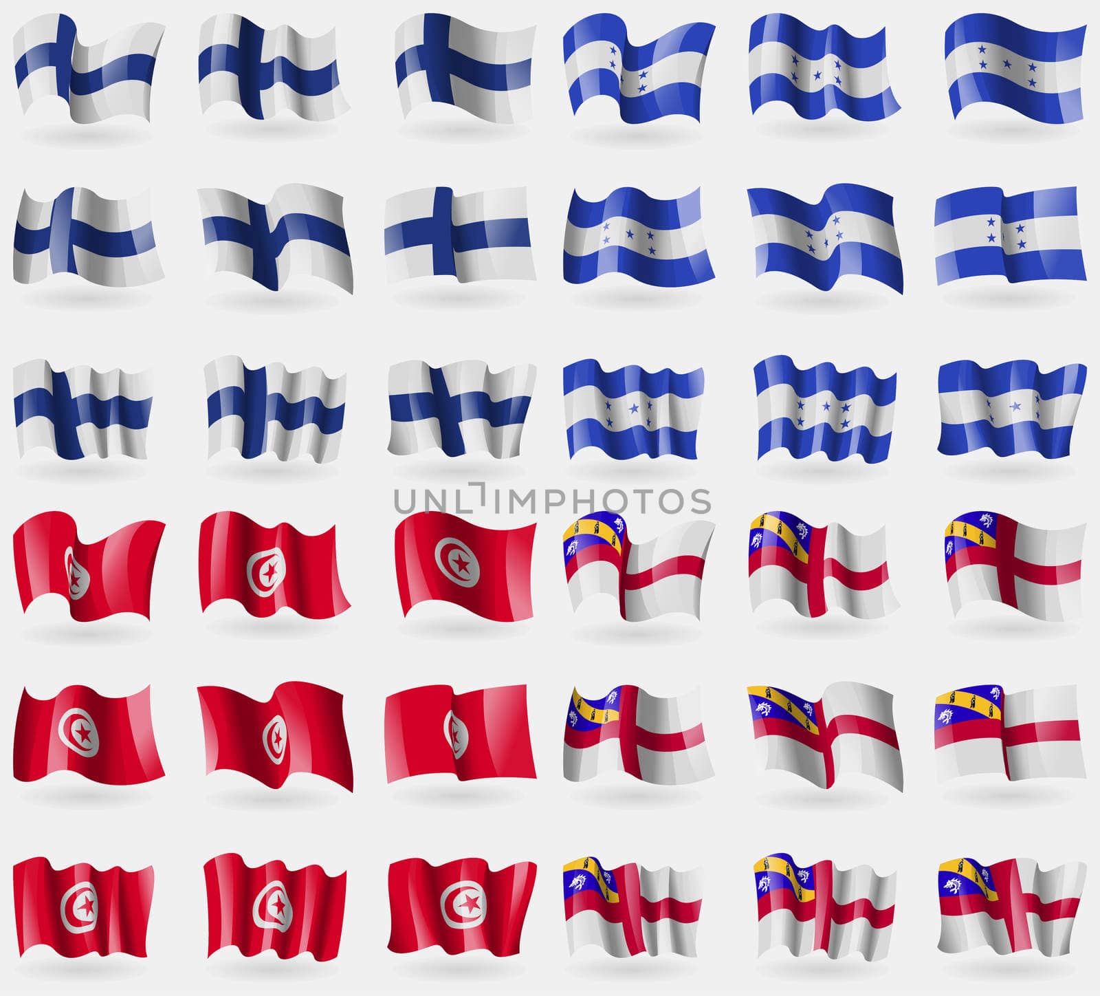 Finland, Honduras, Tunisia, Herm. Set of 36 flags of the countries of the world. illustration