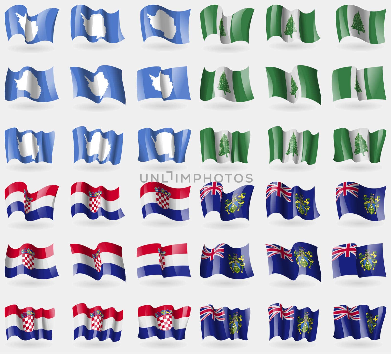 Antarctica, Norfolk Island, Croatia, Pitcairn Islands. Set of 36 flags of the countries of the world. illustration