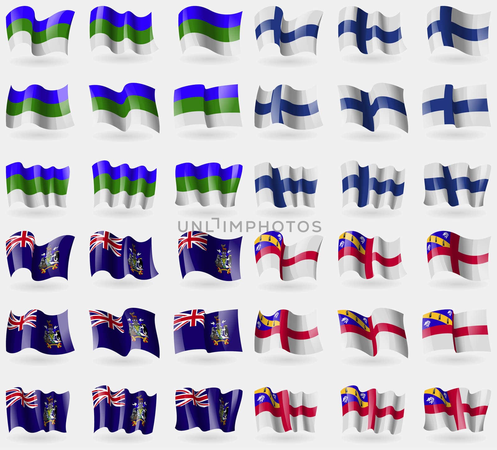 Komi, Finland, Georgia and Sandwich, Herm. Set of 36 flags of the countries of the world. illustration