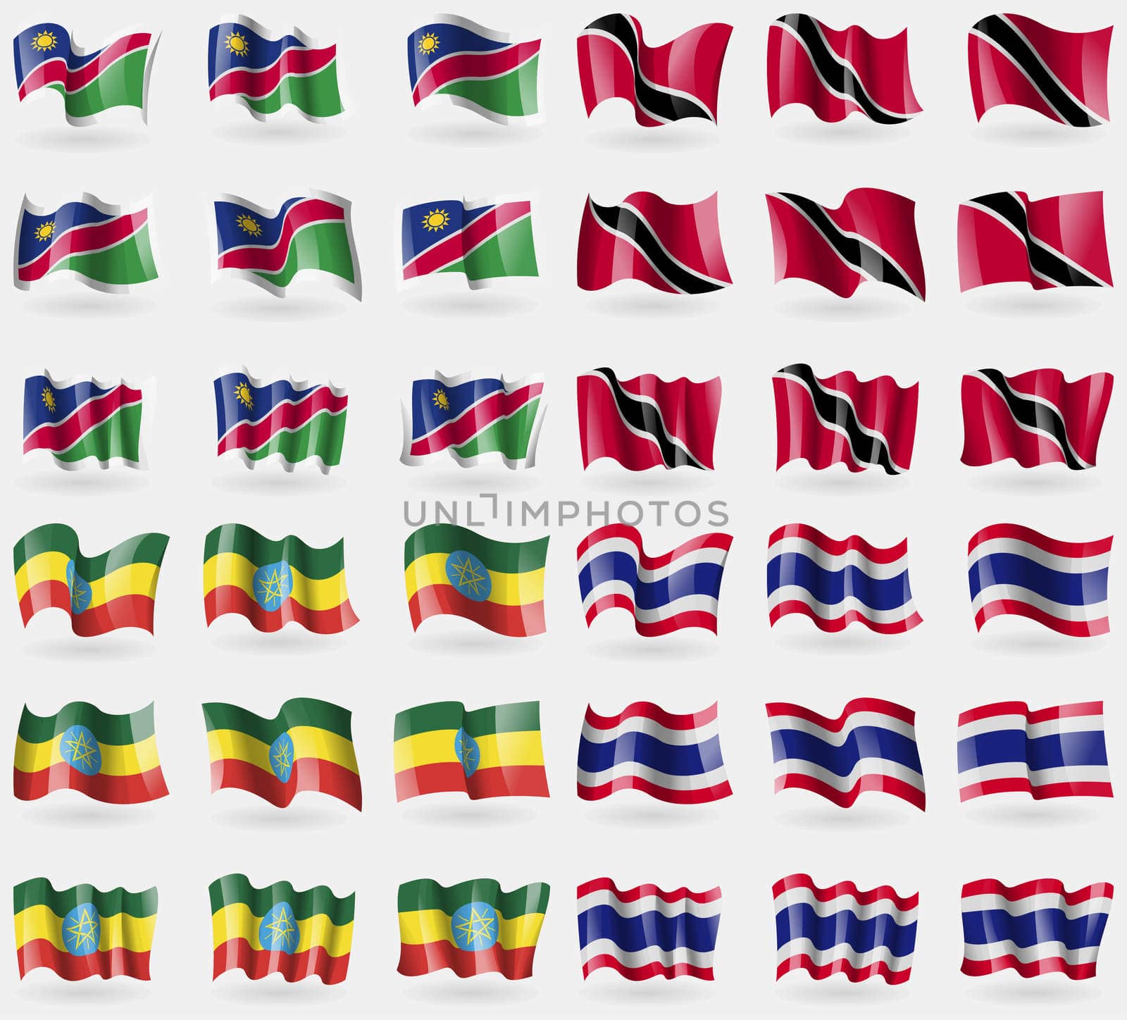 Namibia, Trinidad and Tobago, Ethiopia, Thailand. Set of 36 flags of the countries of the world.  by serhii_lohvyniuk