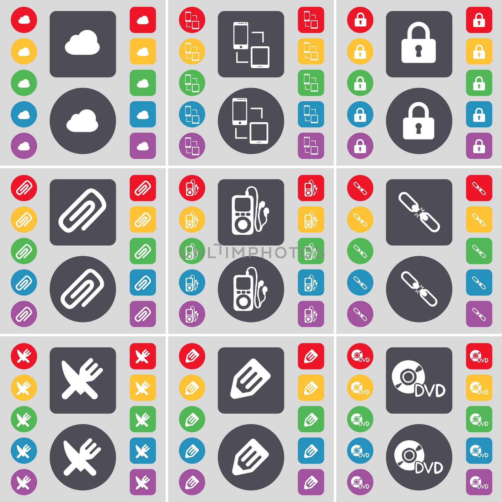 Cloud, Connection, Lock, Clip, MP3 player, Link, Fork and knife, Pencil, DVD icon symbol. A large set of flat, colored buttons for your design.  by serhii_lohvyniuk