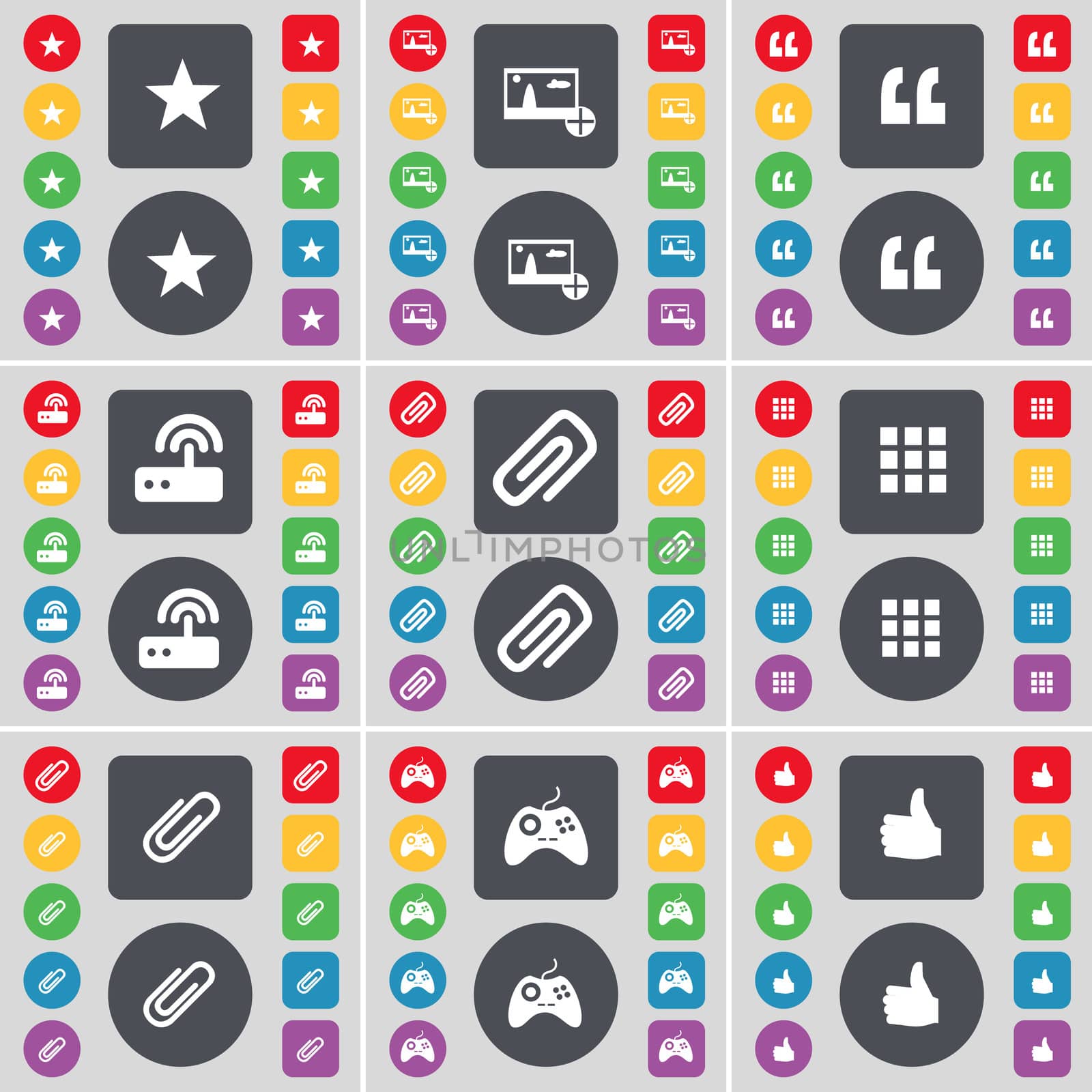 Star, Picture, Quotation mark, Router, Clip, Apps, Gamepad, Like icon symbol. A large set of flat, colored buttons for your design. illustration
