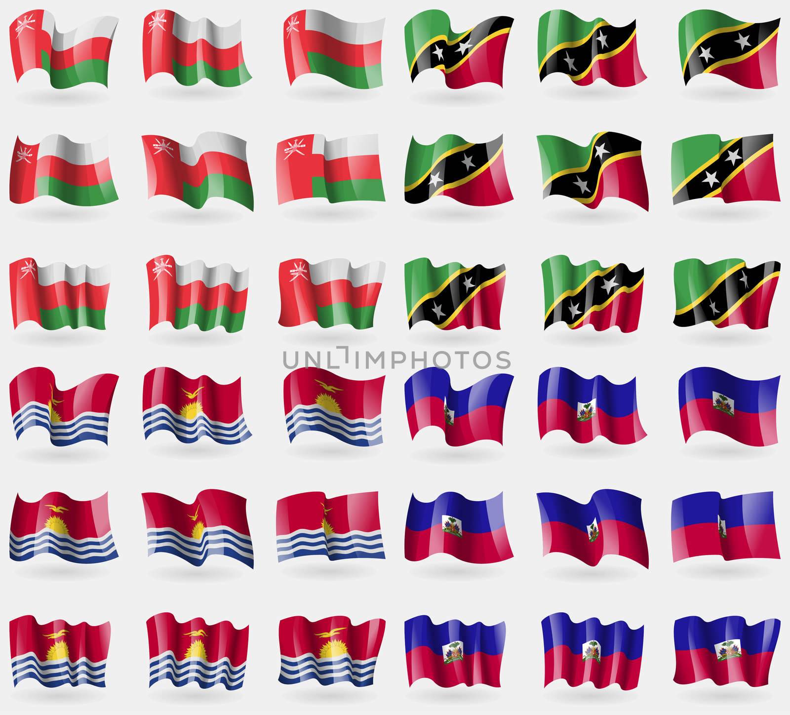 Oman, Saint Kitts and Nevis, Kiribati, Haiti. Set of 36 flags of the countries of the world. illustration