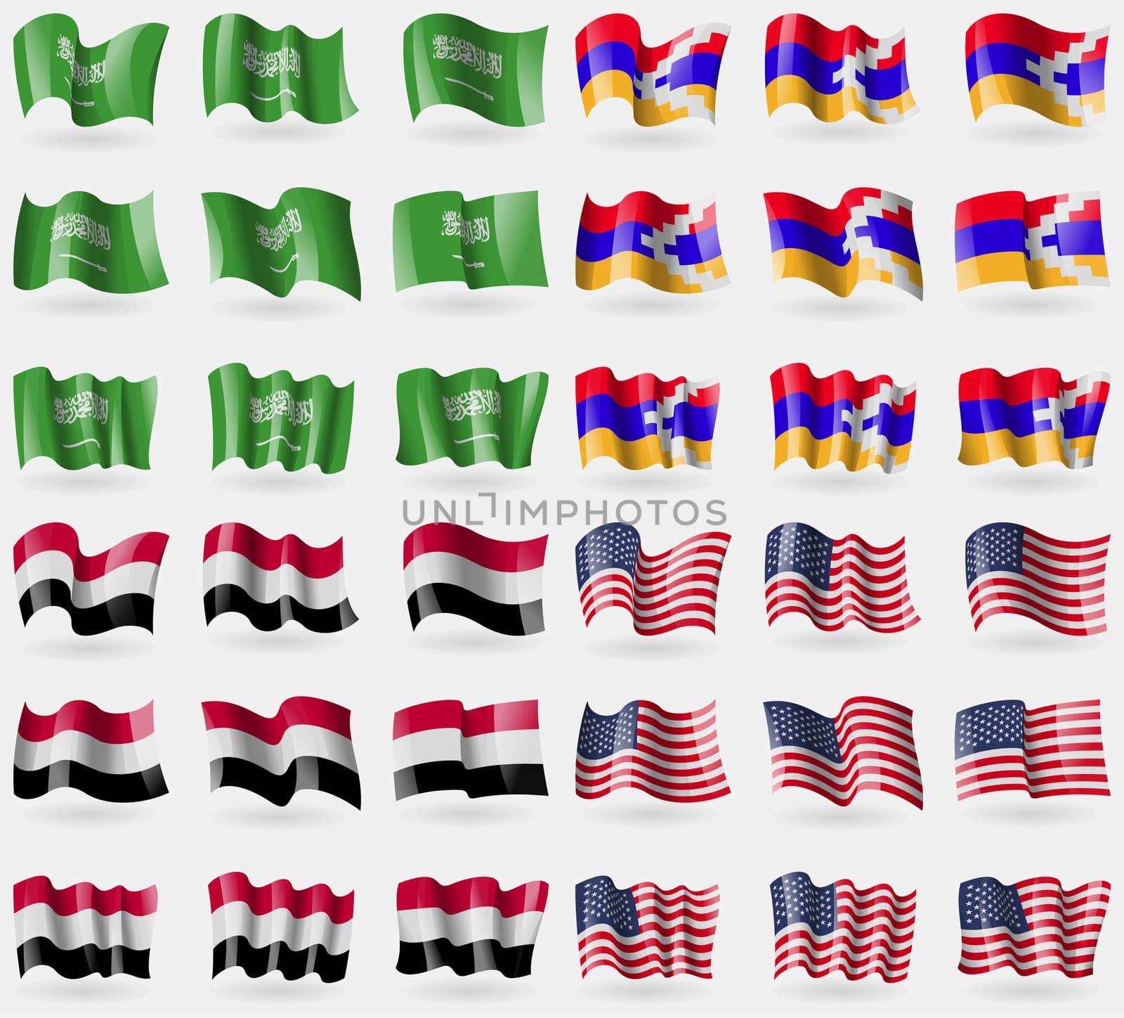 Saudi Arabia, Karabakh Republic, Yemen, USA. Set of 36 flags of the countries of the world.  by serhii_lohvyniuk