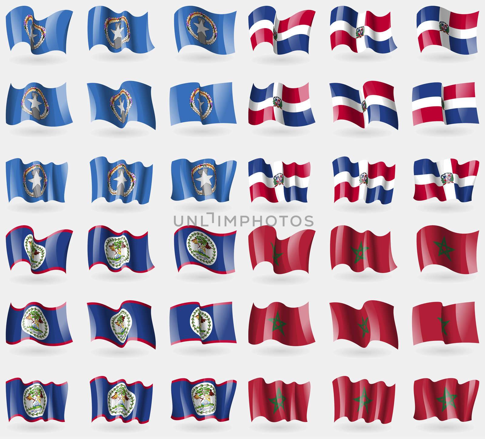 Marianna Islands, Dominican Republic, Belize, Morocco. Set of 36 flags of the countries of the world. illustration