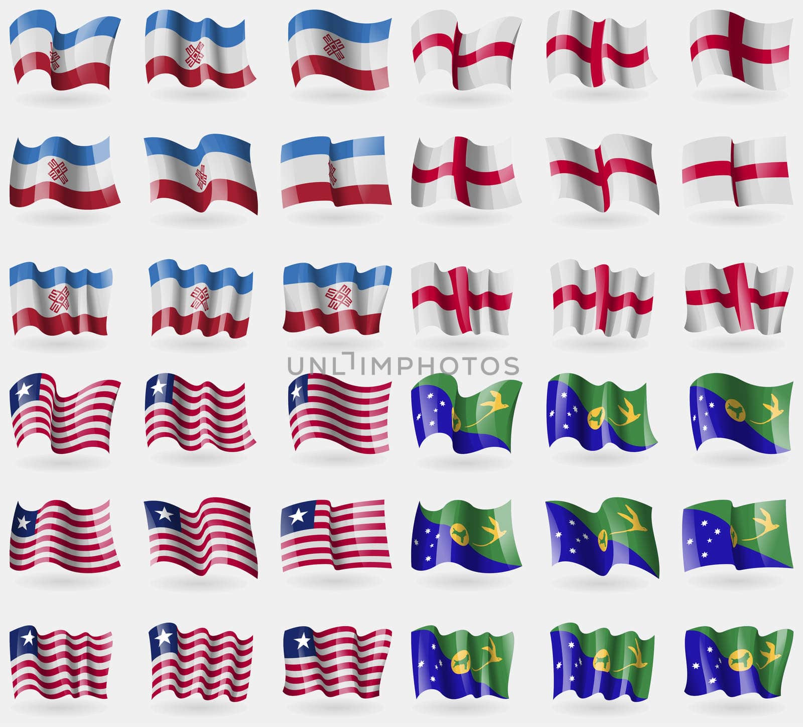Mari El, England, Liberia, Christmas Island. Set of 36 flags of the countries of the world. illustration