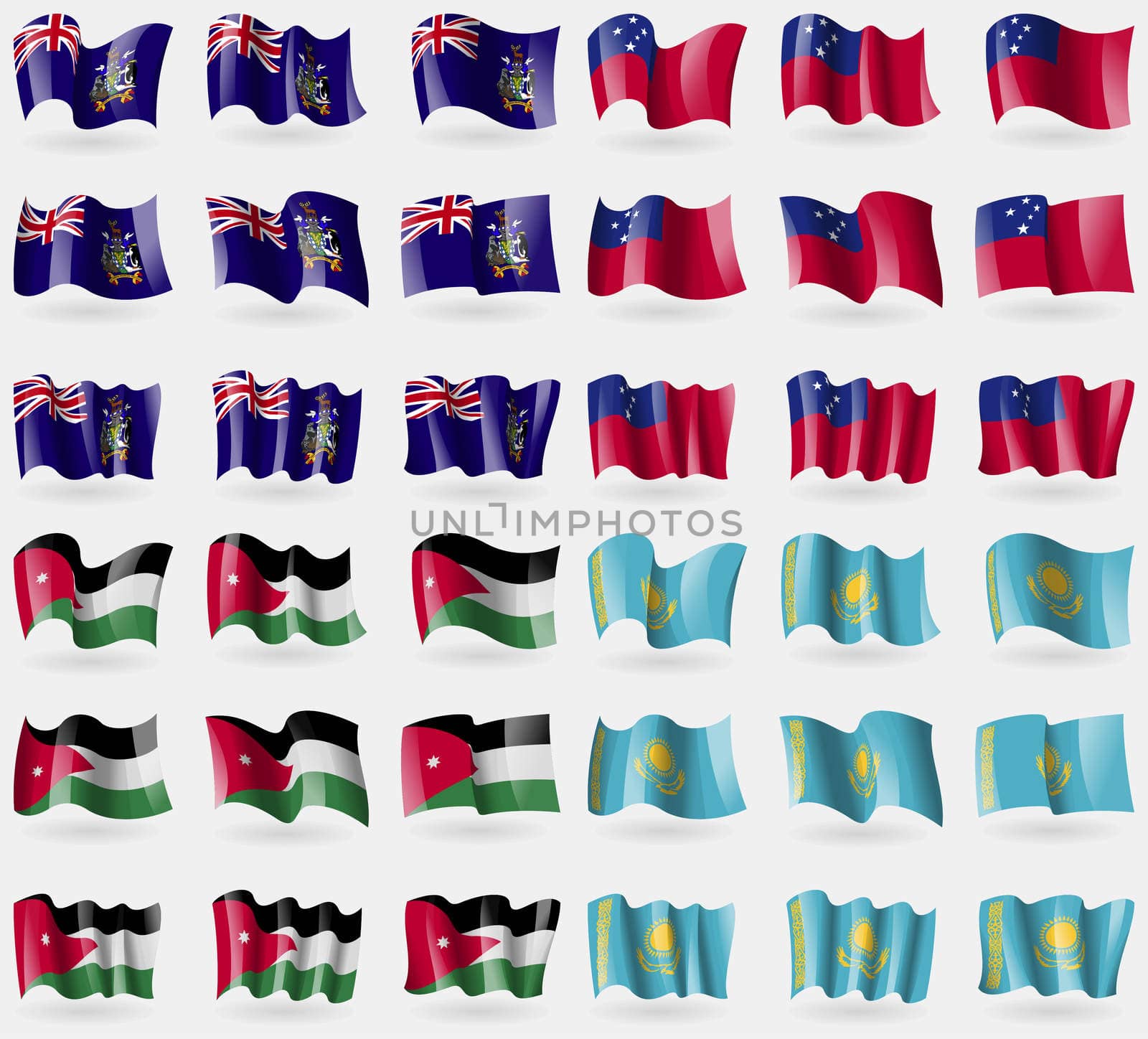 Georgia and Sandwich, Samoa, Jordan, Kazakhstan. Set of 36 flags of the countries of the world. illustration