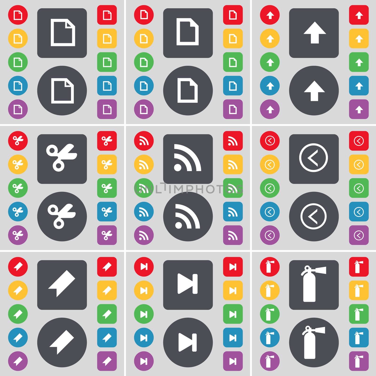 File, Arrow up, Scissors, RSS, Arrow left, Marker, Media skip, Fire extinguisher icon symbol. A large set of flat, colored buttons for your design. illustration