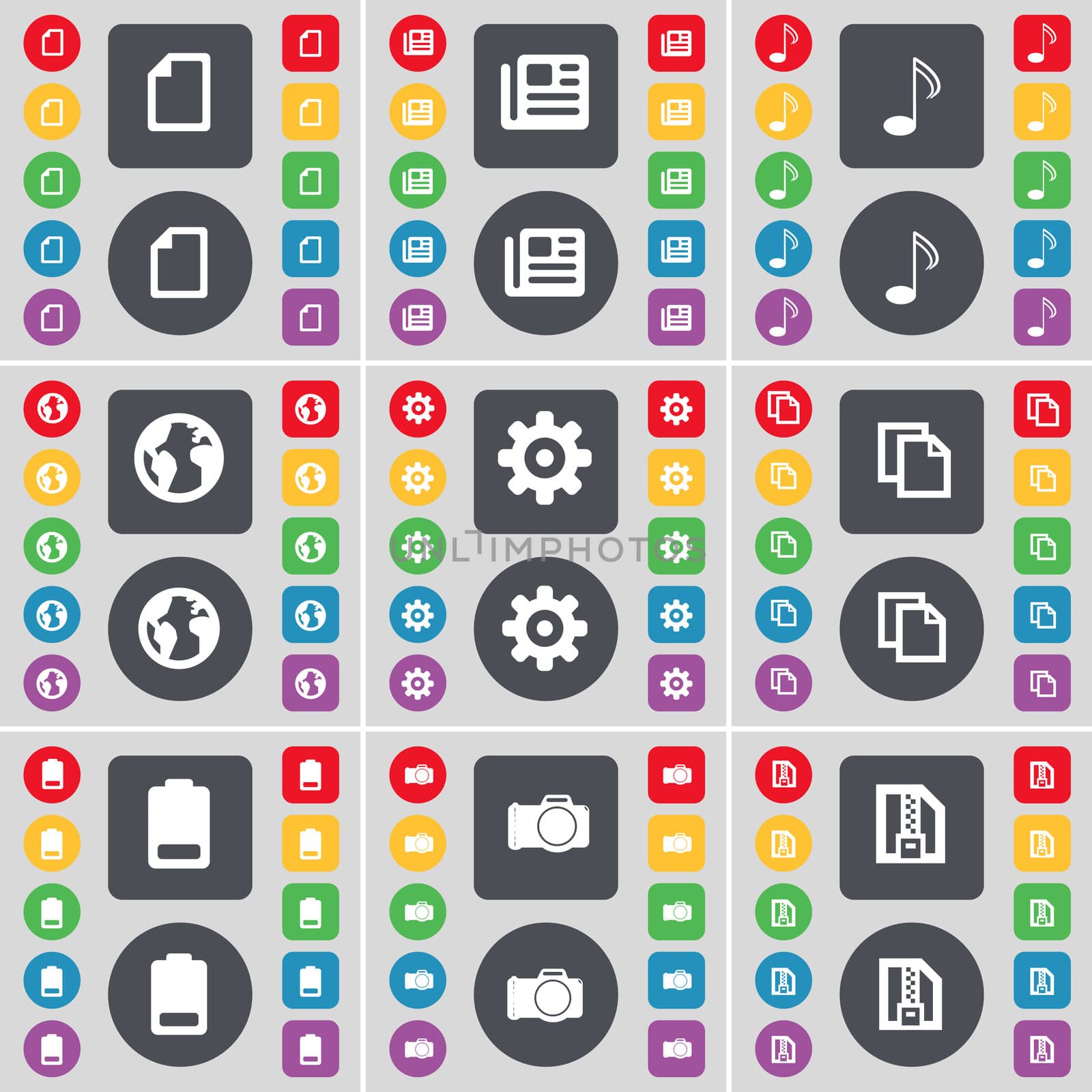 File, Newspaper, Note, Earth, Gear, Copy, Battery, Camera, ZIP card icon symbol. A large set of flat, colored buttons for your design. illustration