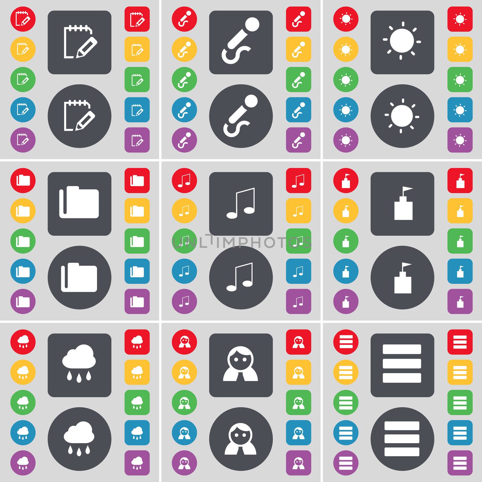 Notebook, Microphone, Light, Folder, Note, Flag tower, Cloud, Avatar, Apps icon symbol. A large set of flat, colored buttons for your design. illustration