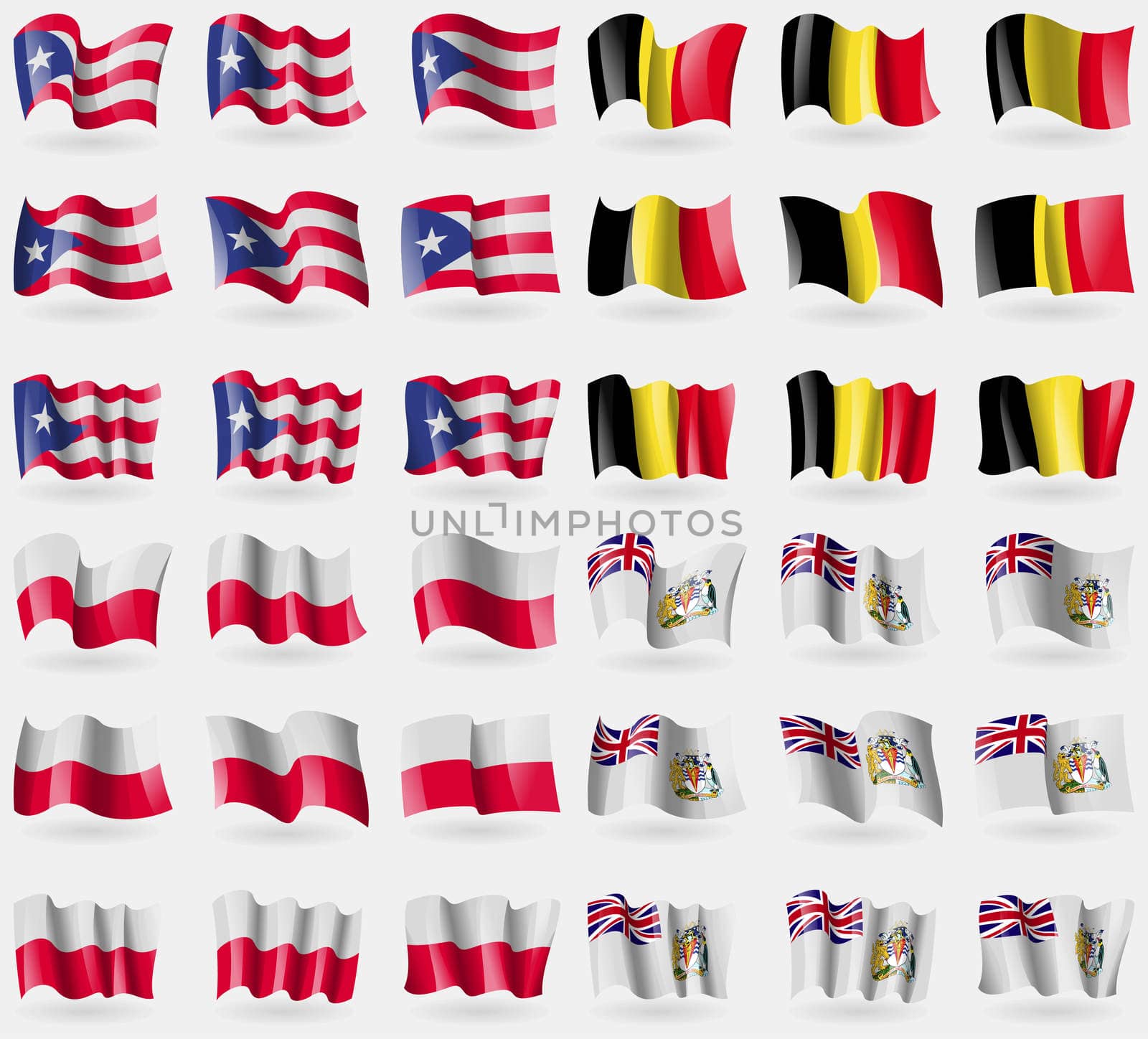 Puerto Rico, Belgium, Poland, British Antarctic Territory. Set of 36 flags of the countries of the world. illustration