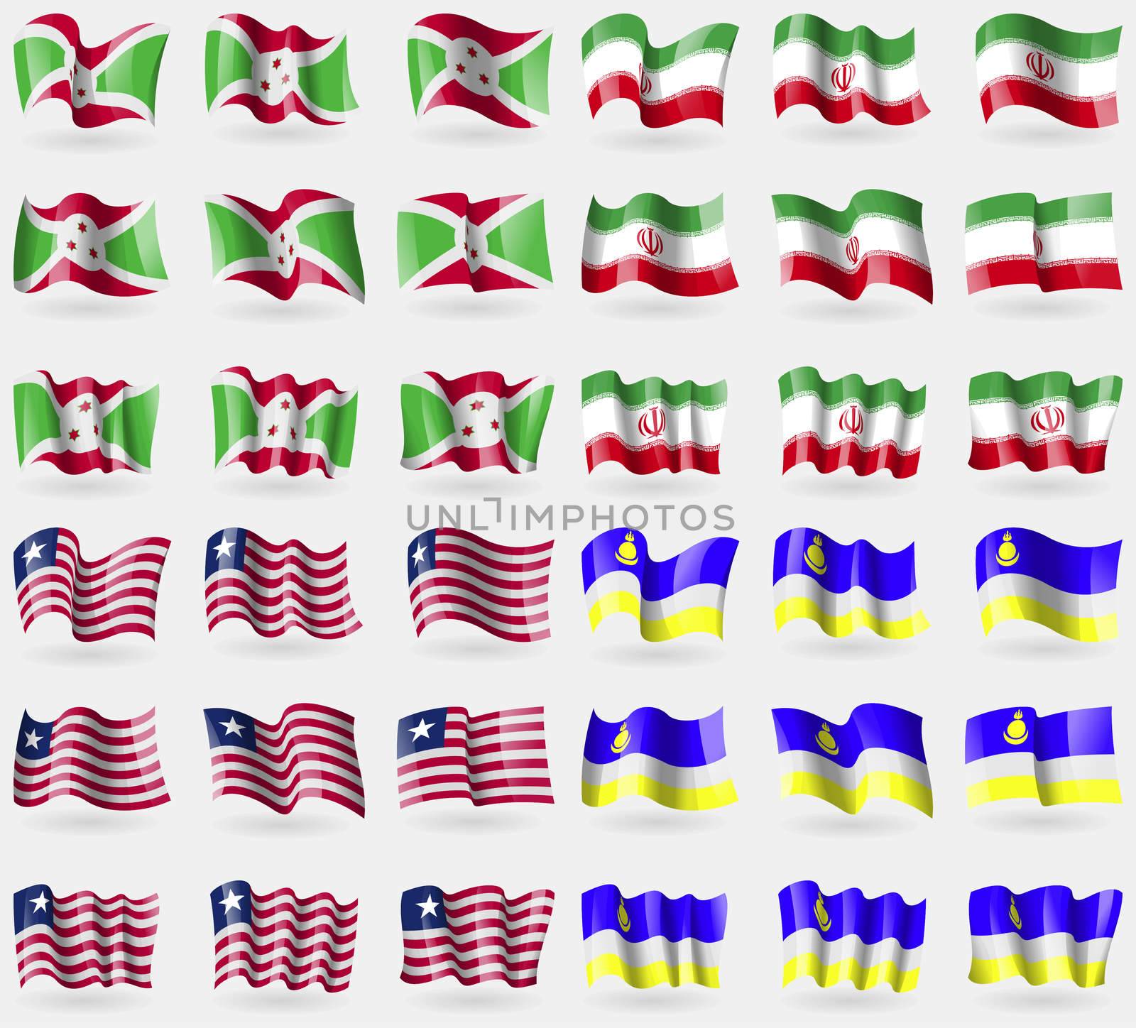 Burundi, Iran, Liberia, Buryatia. Set of 36 flags of the countries of the world.  by serhii_lohvyniuk