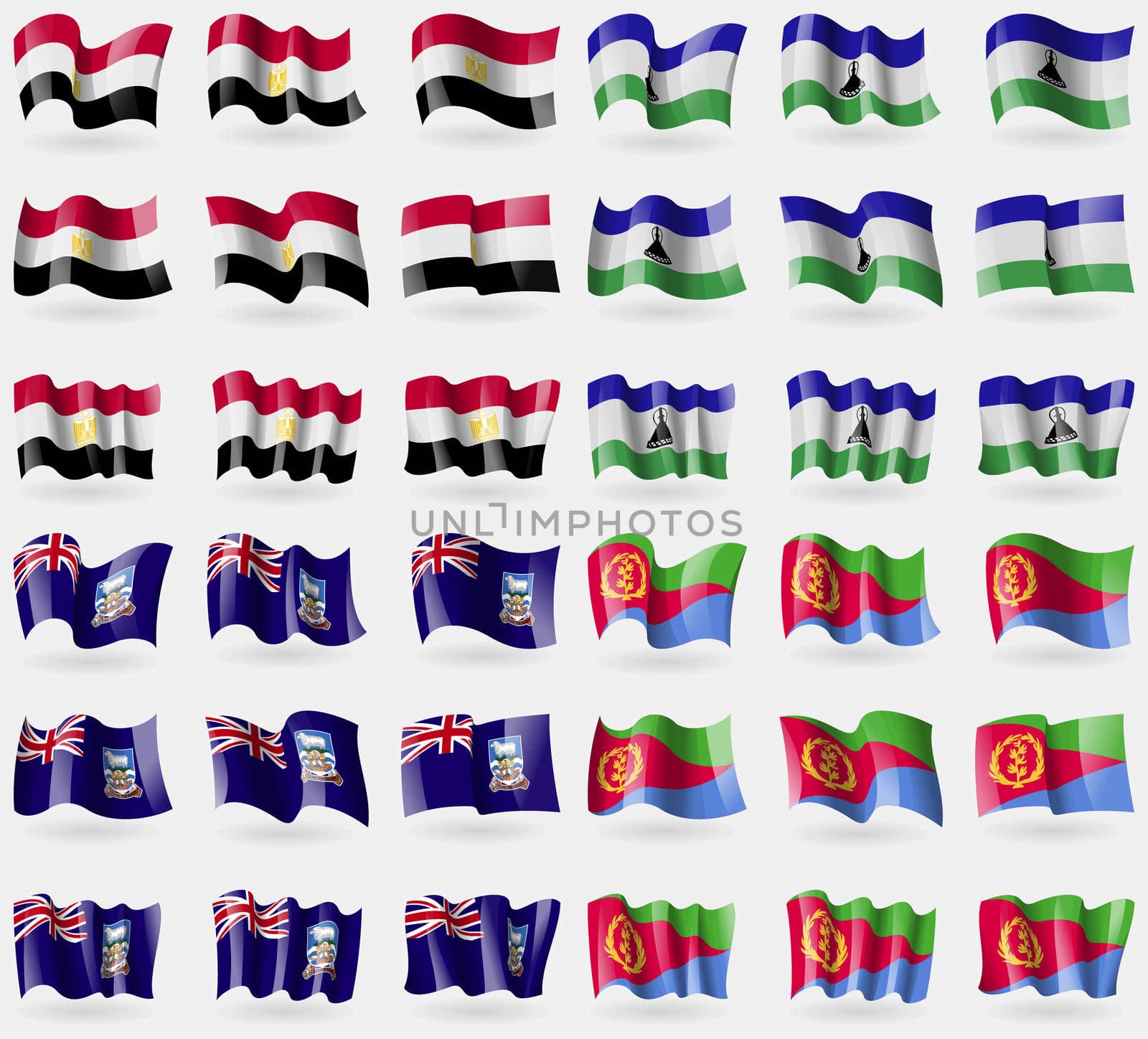 Egypt, Lesothe, Falkland Islands, Eritrea. Set of 36 flags of the countries of the world.  by serhii_lohvyniuk