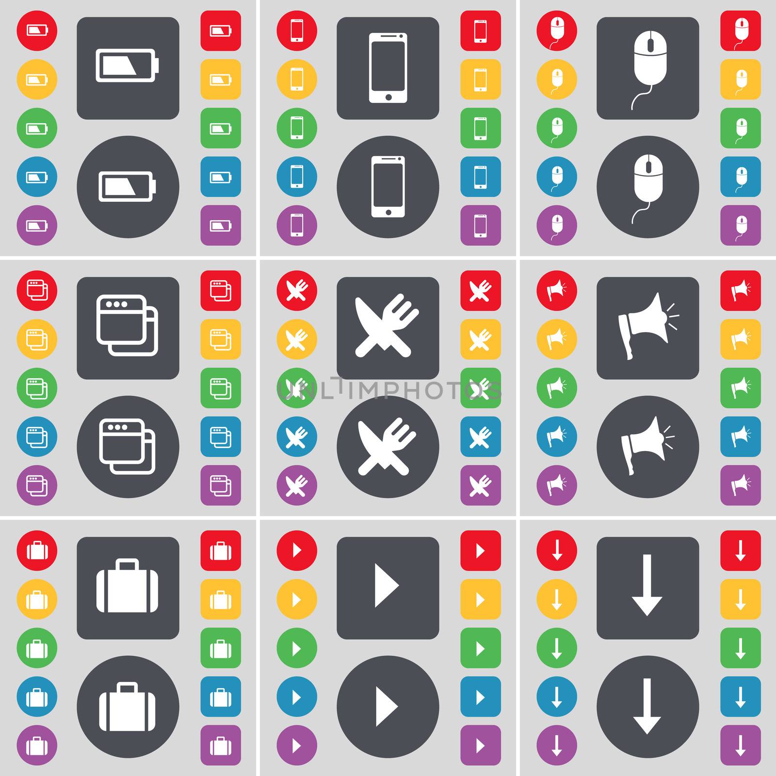 Battery, Smartphone, Mouse, Window, Fork and knife, Megaphone, Suitcase, Media play, Arrow down icon symbol. A large set of flat, colored buttons for your design. illustration