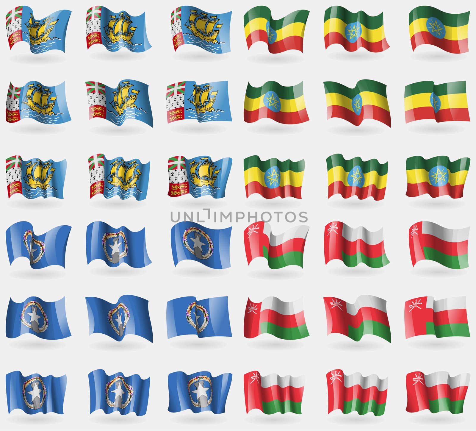 Saint Pierre and Miquelon, Ethiopia, Marianna Islands, Oman. Set of 36 flags of the countries of the world.  by serhii_lohvyniuk