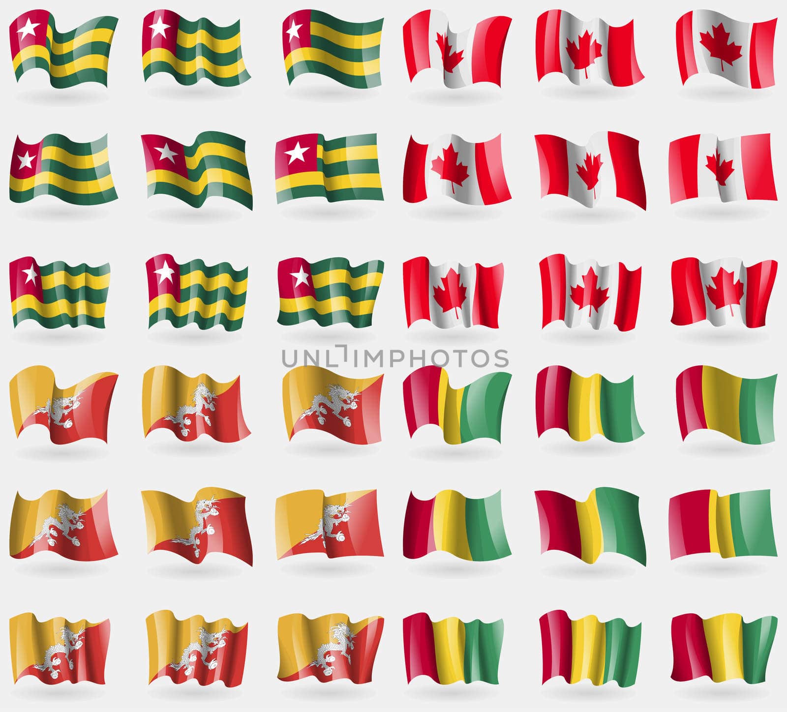 Togo, Canada, Bhutan, Guinea. Set of 36 flags of the countries of the world. illustration
