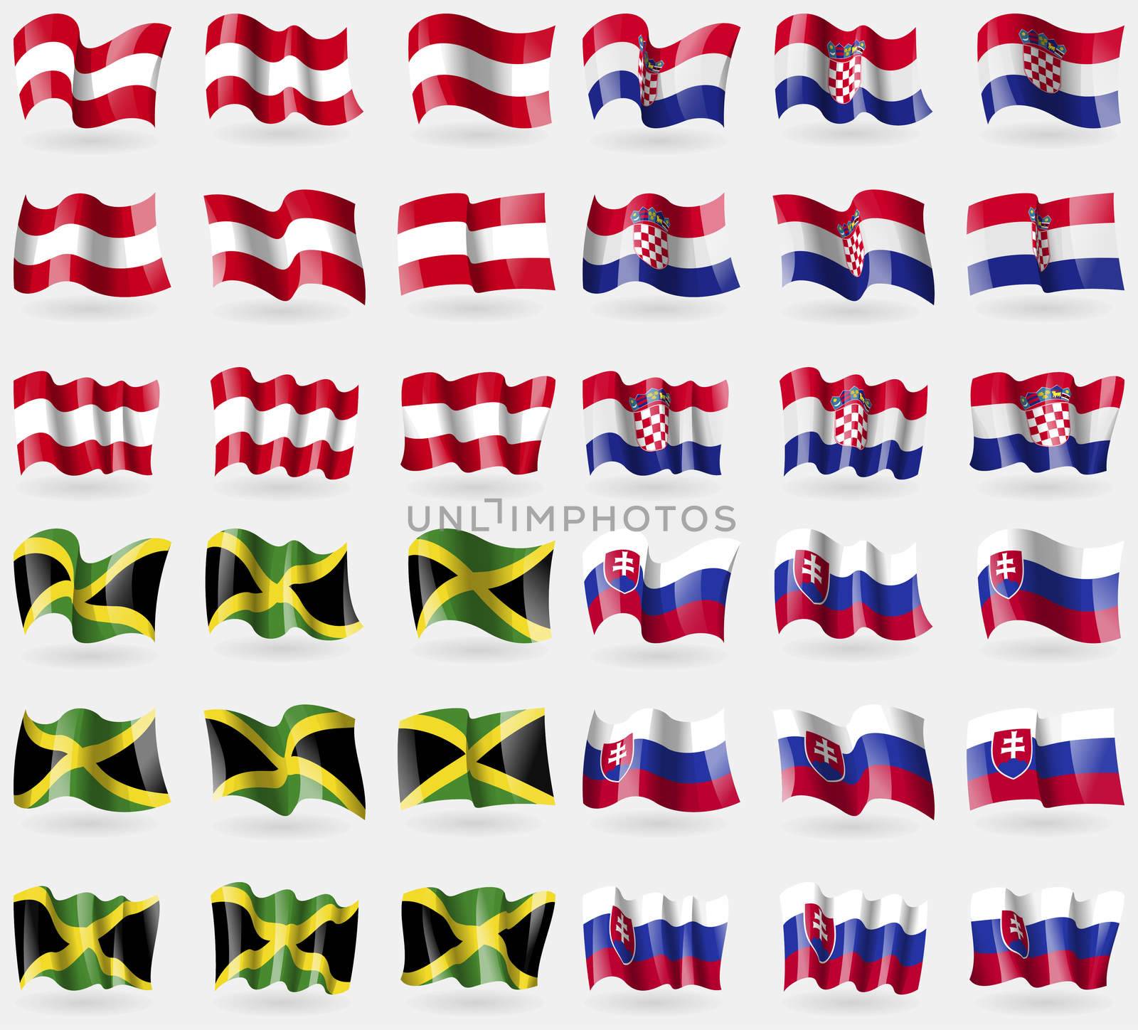 Austria, Croatia, Jamaica, Slovakia. Set of 36 flags of the countries of the world. illustration