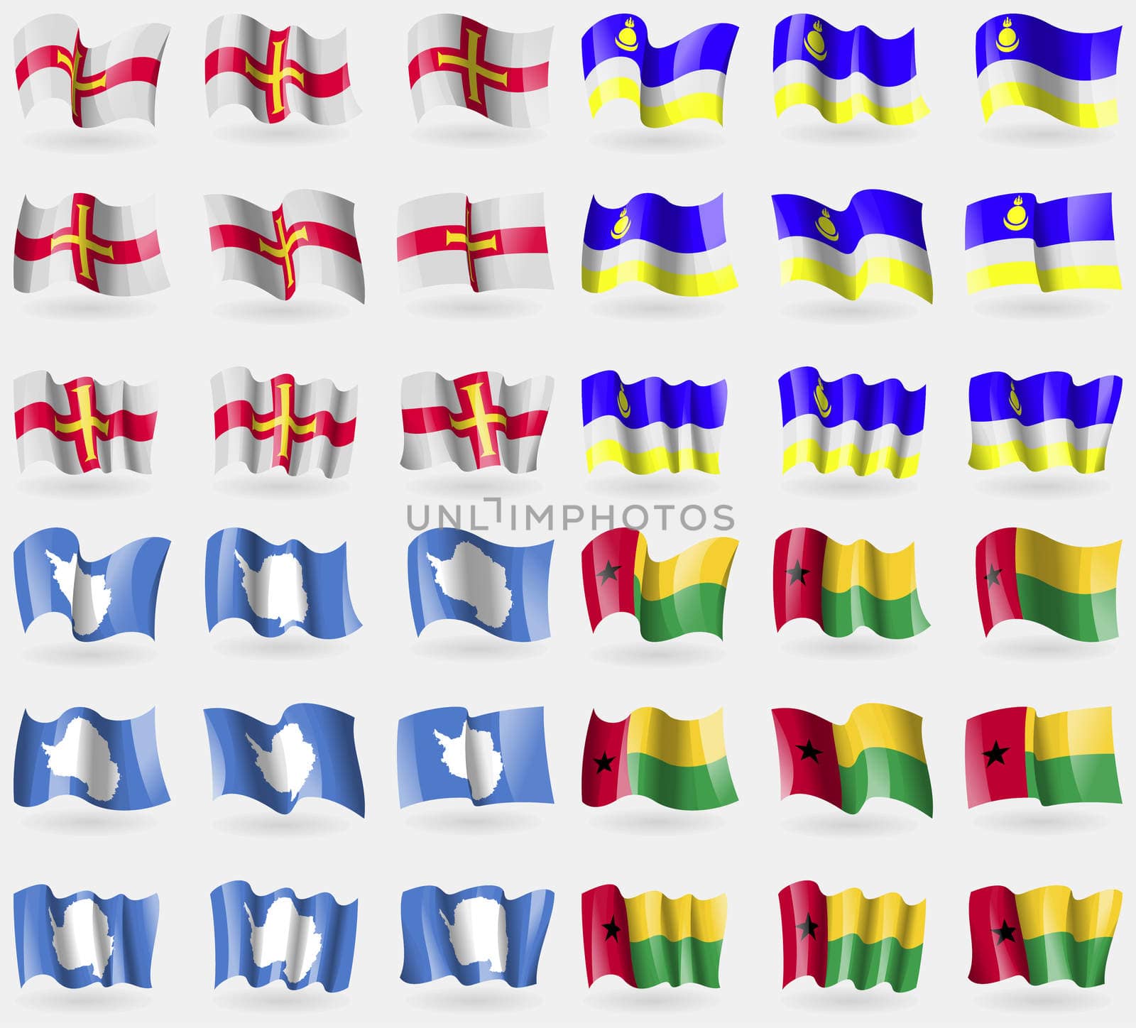 Guernsey, Buryatia, Antarctica, GuineaBissau. Set of 36 flags of the countries of the world. illustration