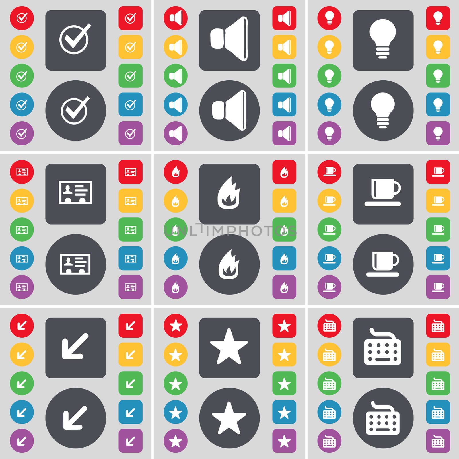 Tick, Sound, Light bulb, Contact, Fire, Cup, Deploying screen, Star, Keyboard icon symbol. A large set of flat, colored buttons for your design. illustration