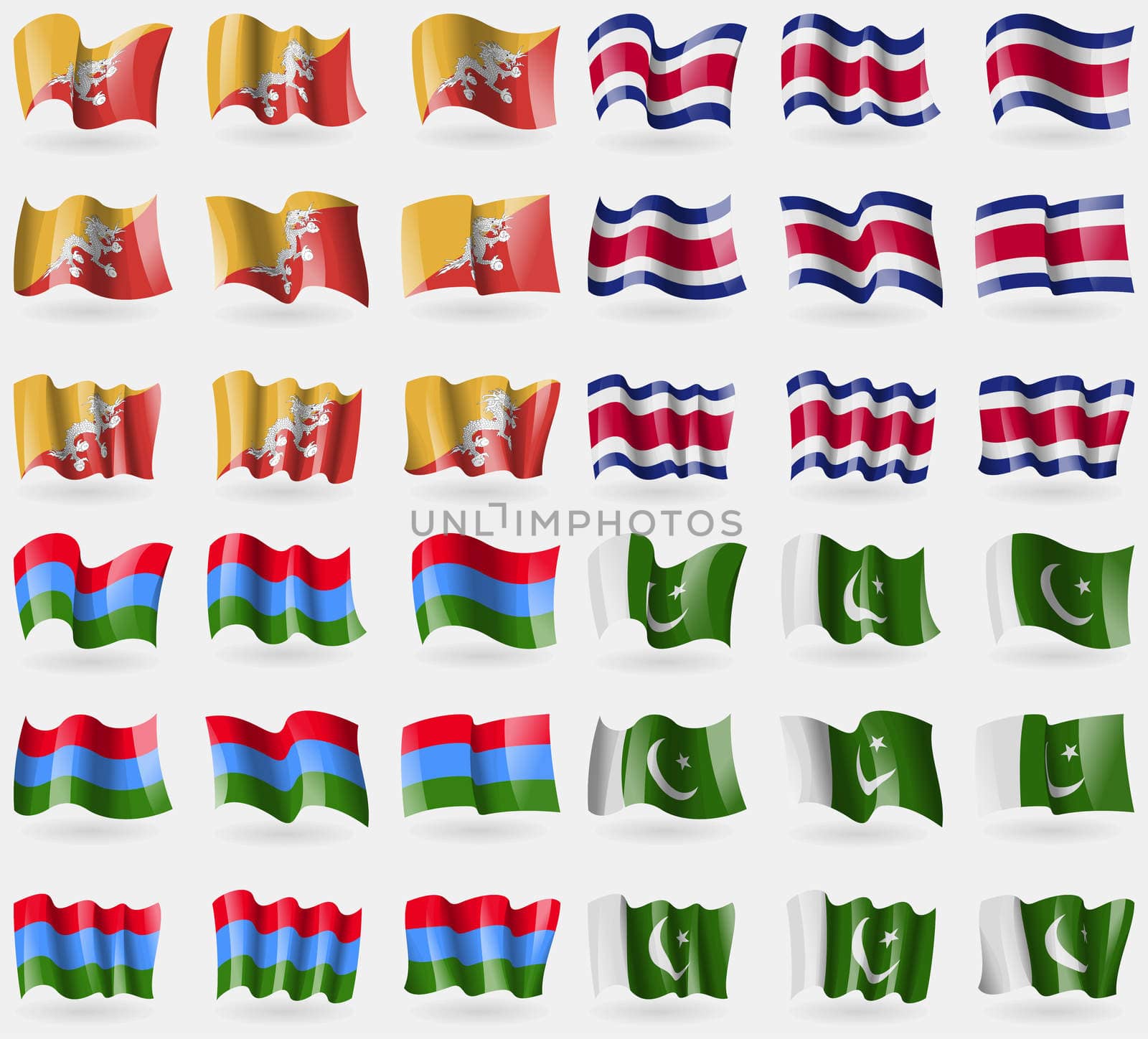 Bhutan, Costa Rica, Karelia, Pakistan. Set of 36 flags of the countries of the world.  by serhii_lohvyniuk