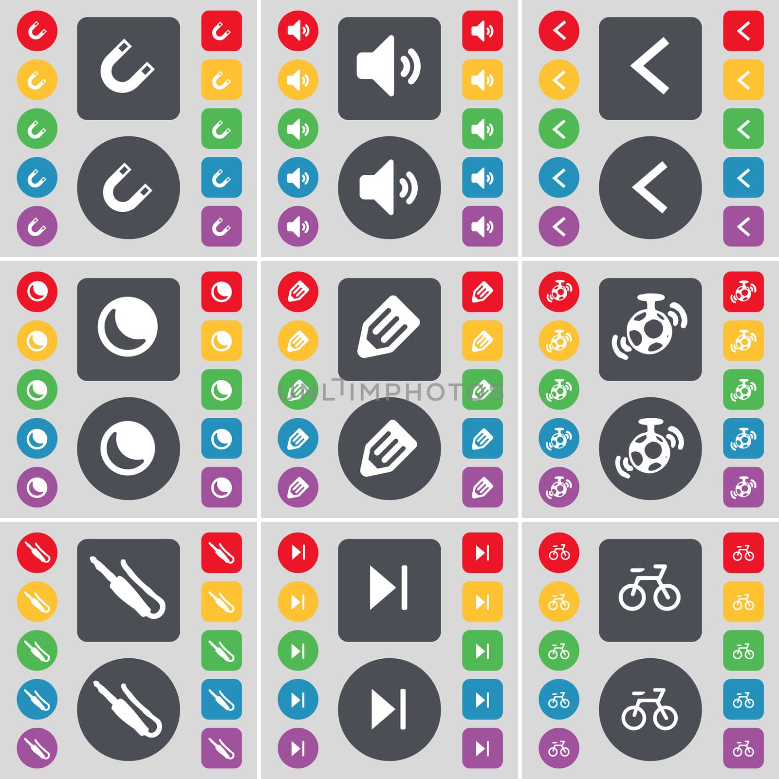 Magnet, Sound, Arrow left, Moon, Pencil, Speaker, Microphone connector, Media skip, Bicycle icon symbol. A large set of flat, colored buttons for your design. illustration