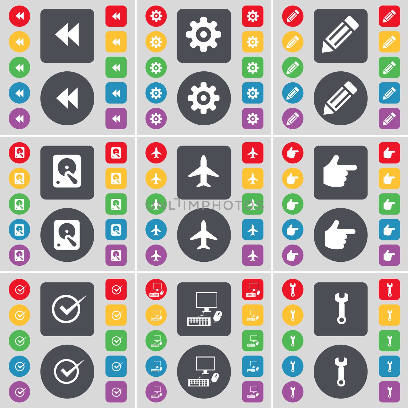 Rewind, Gear, Pencil, Hard drive, Airplane, Hand, Tick, PC, Wrench icon symbol. A large set of flat, colored buttons for your design. illustration