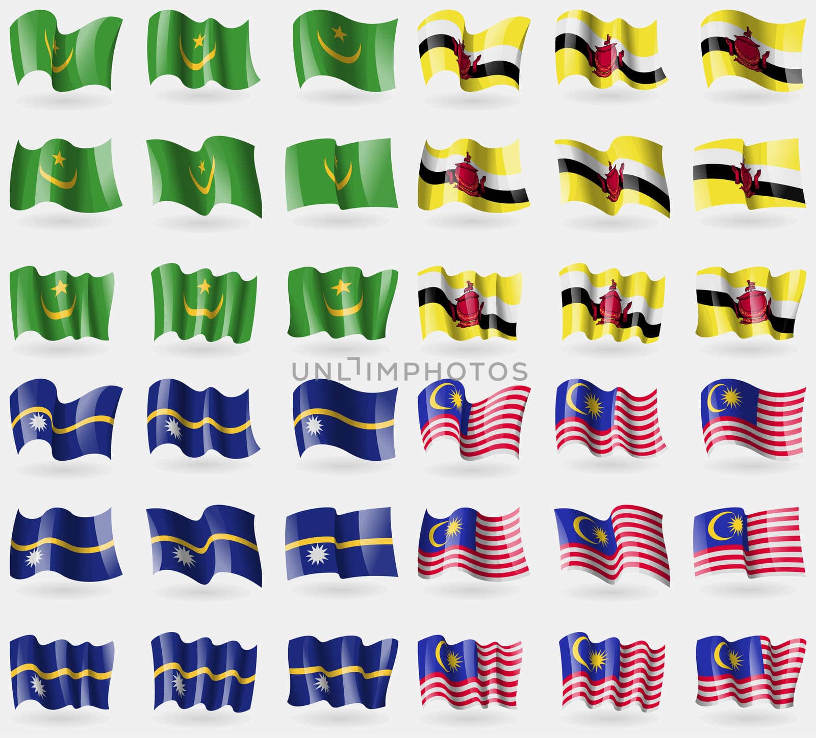 Mauritania, Brunei, Nauru, Malaysia. Set of 36 flags of the countries of the world.  by serhii_lohvyniuk