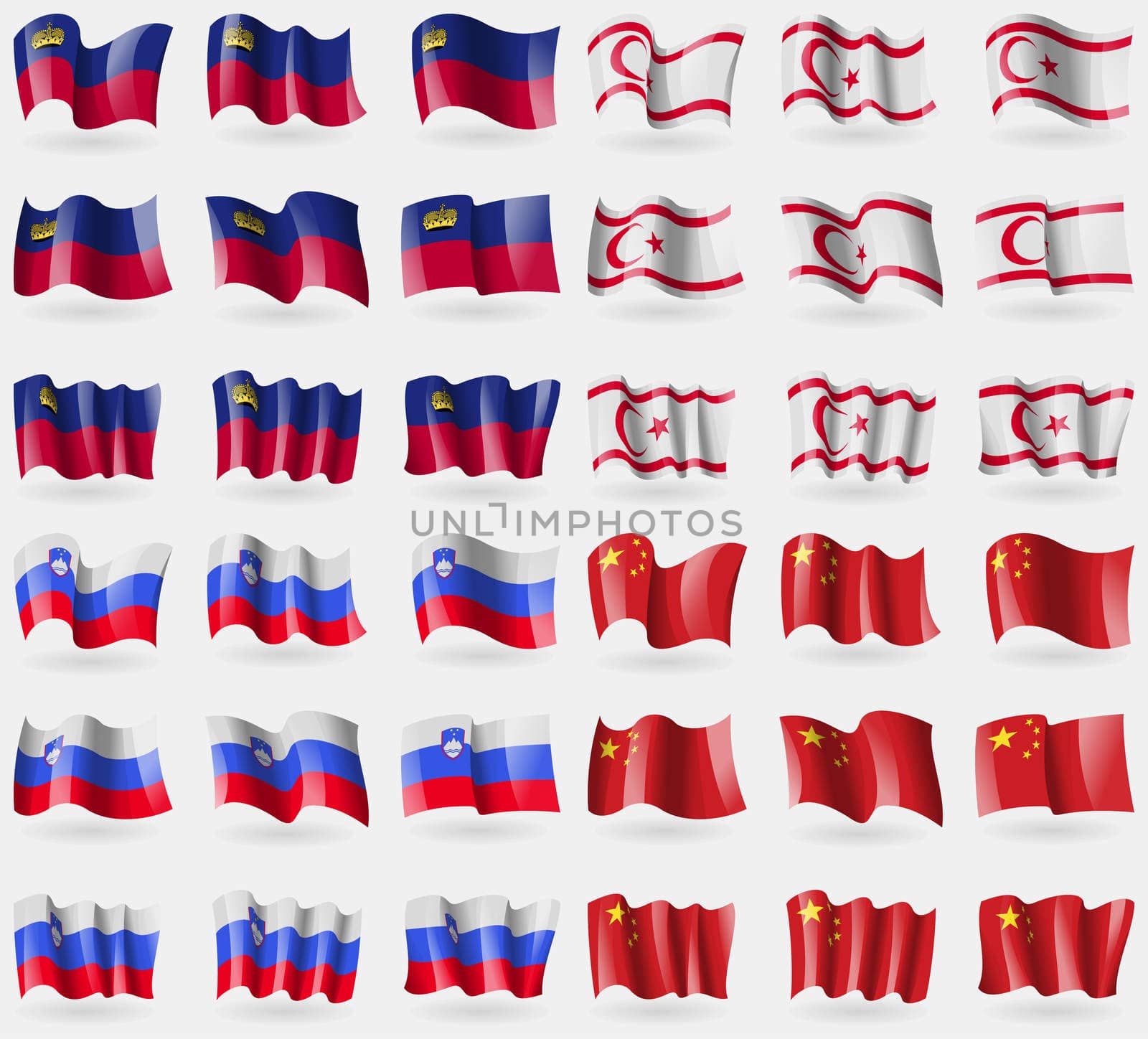 Liechtenstein, Turkish Northern Cyprus, Slovenia, China. Set of 36 flags of the countries of the world.  by serhii_lohvyniuk
