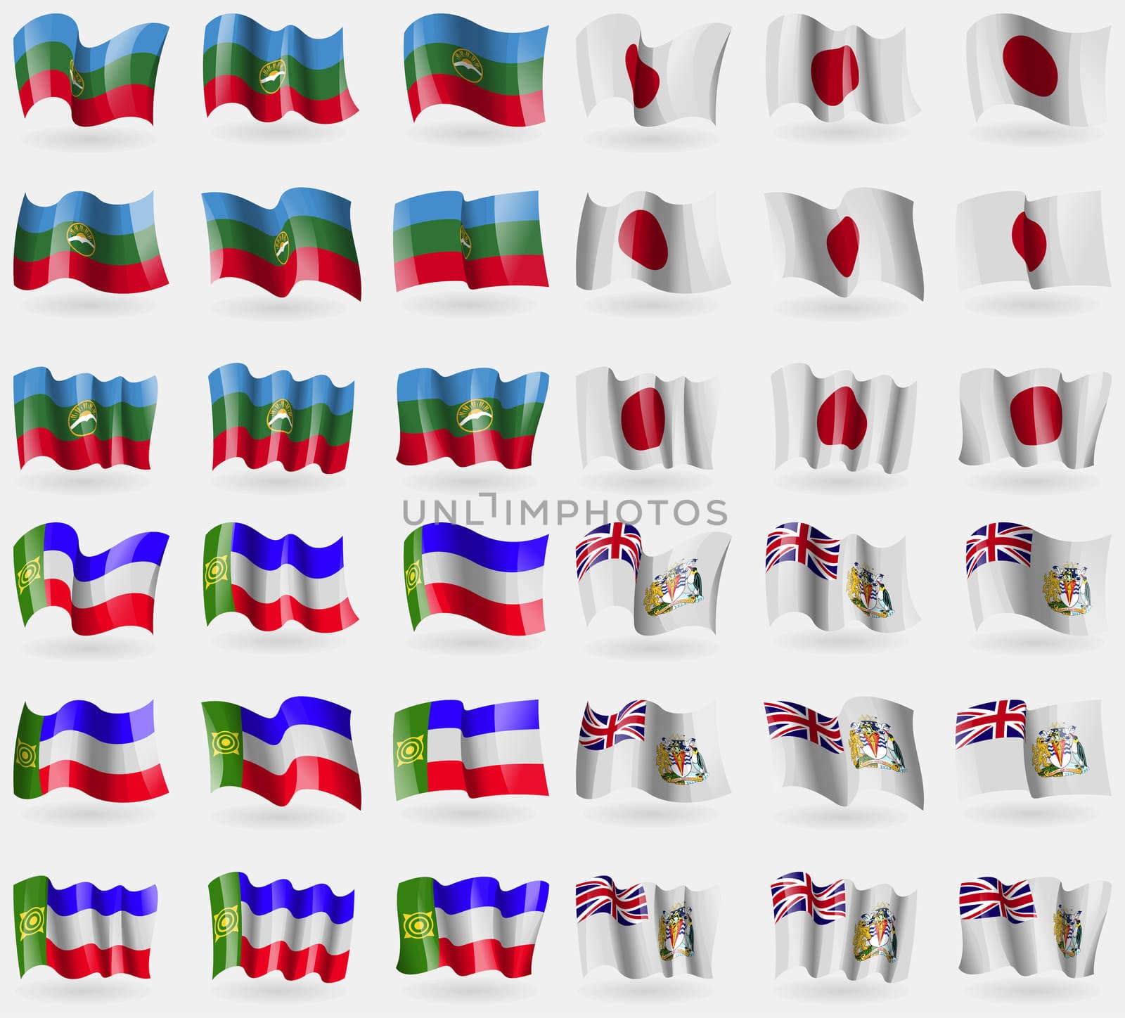 KarachayCherkessia, Japan, Khakassia, British Antarctic Territory. Set of 36 flags of the countries of the world. illustration