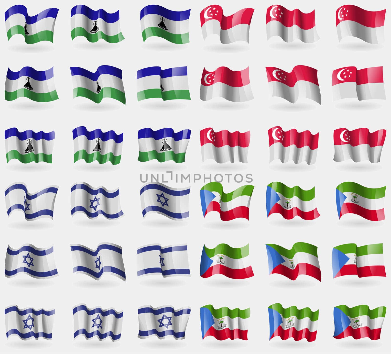 Lesothe, Singapore, Israel, Equatorial Guinea. Set of 36 flags of the countries of the world. illustration