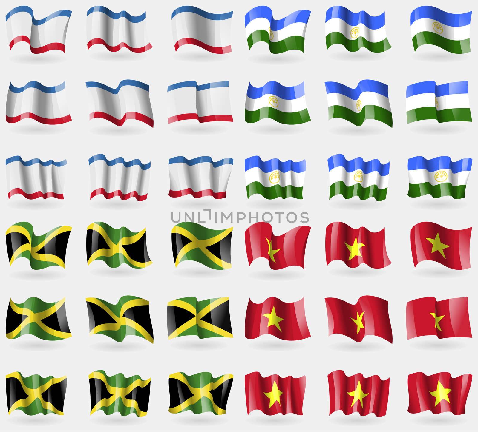 Crimea, Bashkortostan, Jamaica, Vietnam. Set of 36 flags of the countries of the world. illustration