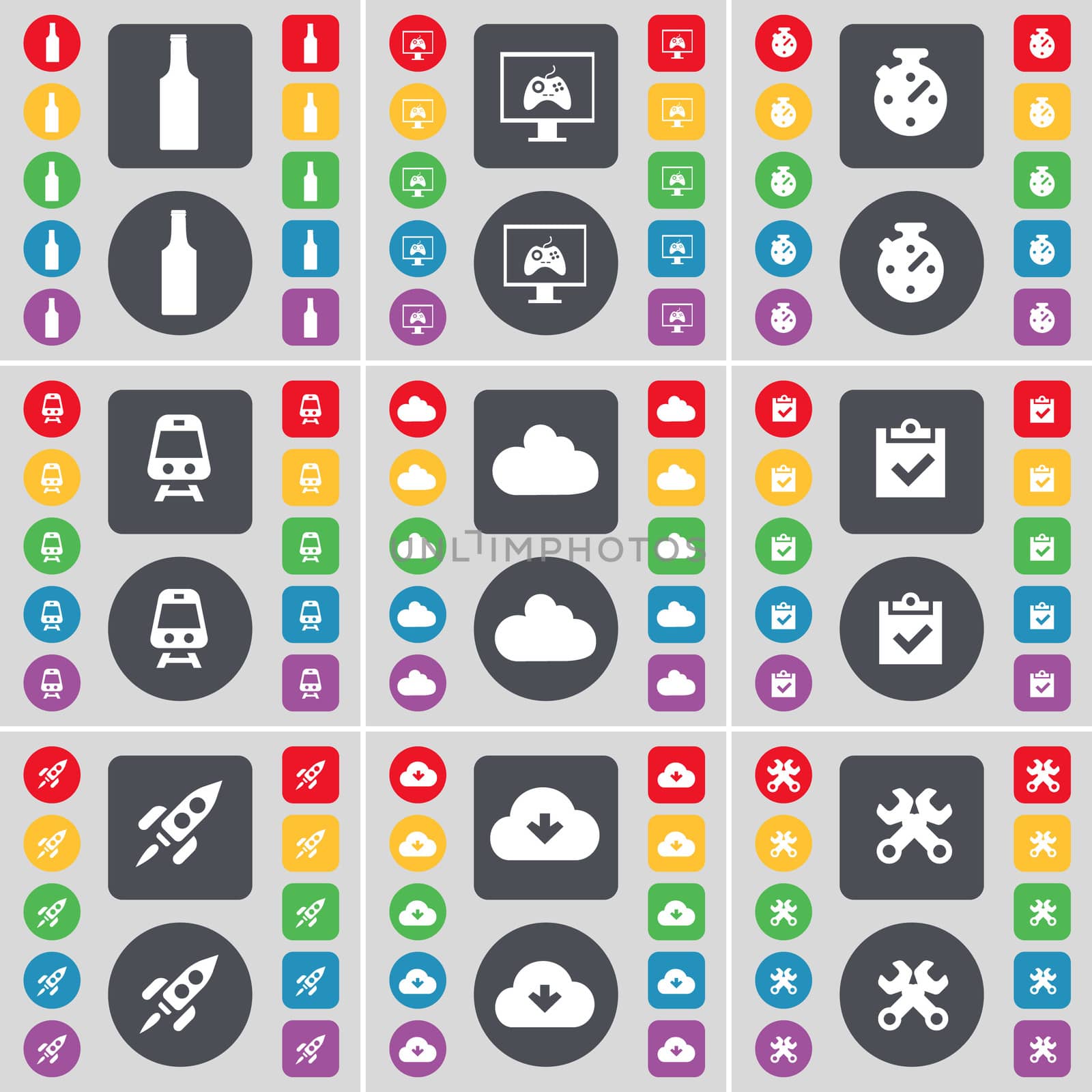 Bottle, Monitor, Stopwatch, Train, Cloud, Survey, Rocket, Cloud, Wrench icon symbol. A large set of flat, colored buttons for your design.  by serhii_lohvyniuk