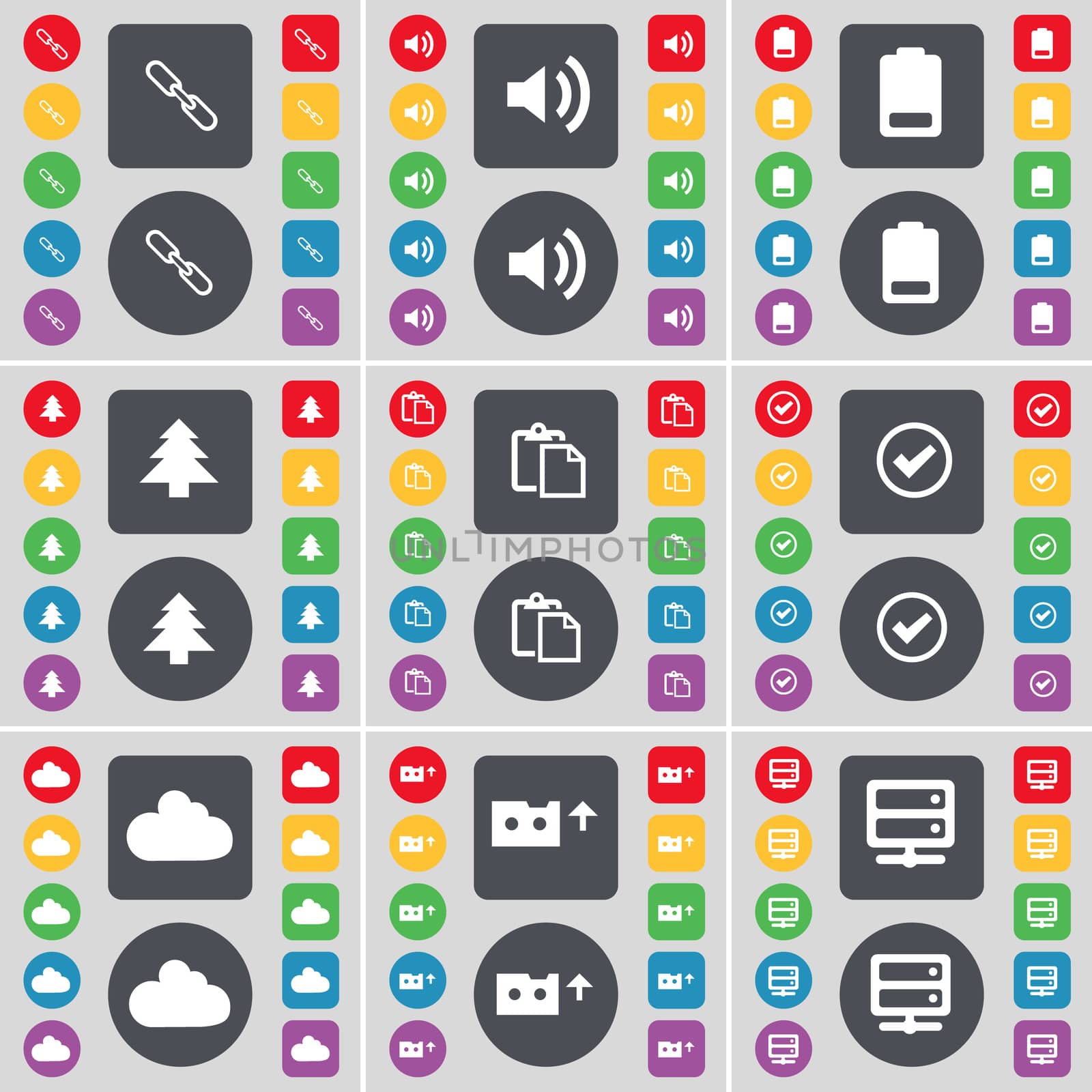 Link, Sound, Battery, Firtree, Survey, Tick, Cloud, Cassette, Server icon symbol. A large set of flat, colored buttons for your design.  by serhii_lohvyniuk