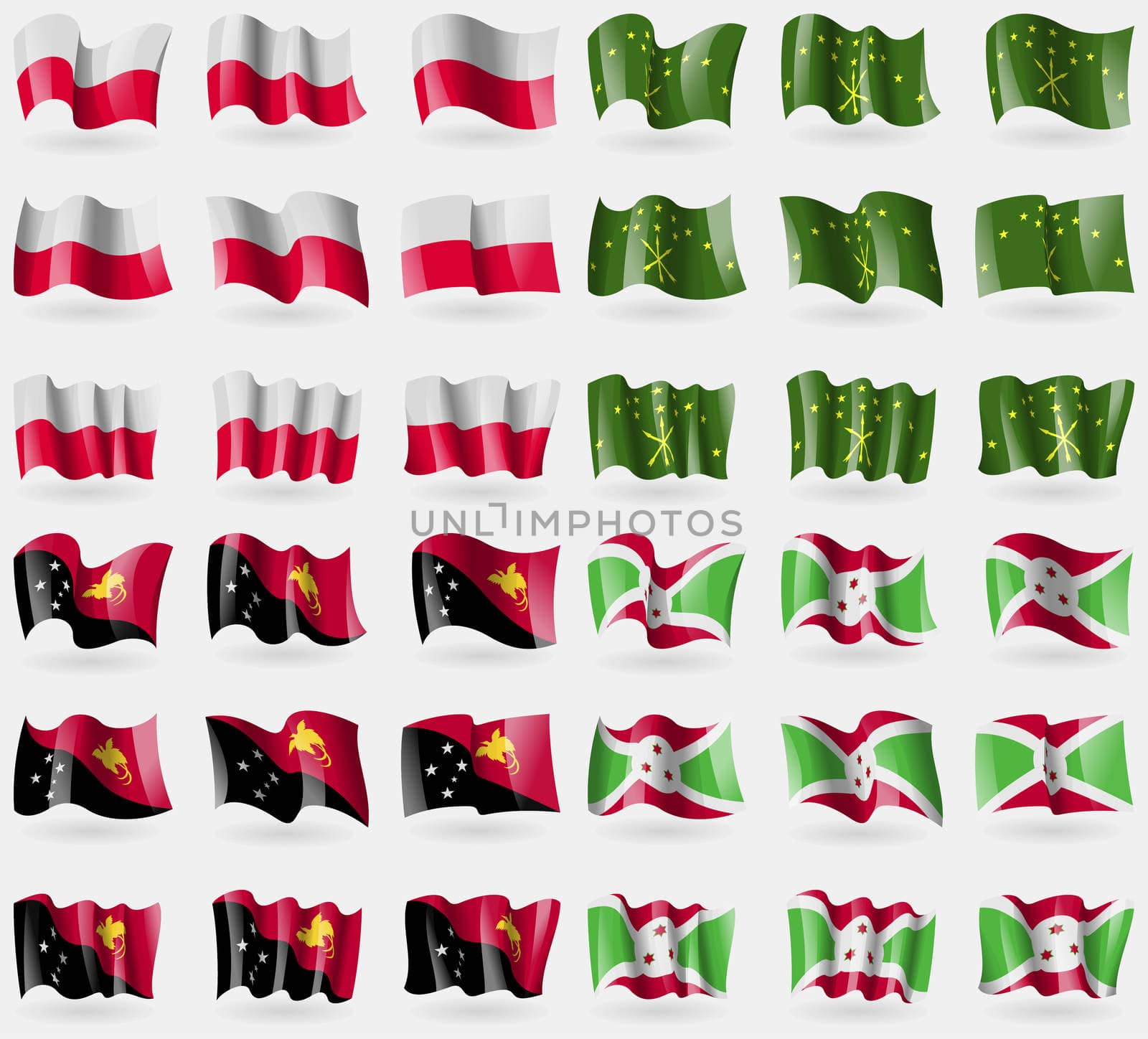 Poland, Adygea, Papua New Guinea, Burundi. Set of 36 flags of the countries of the world. illustration