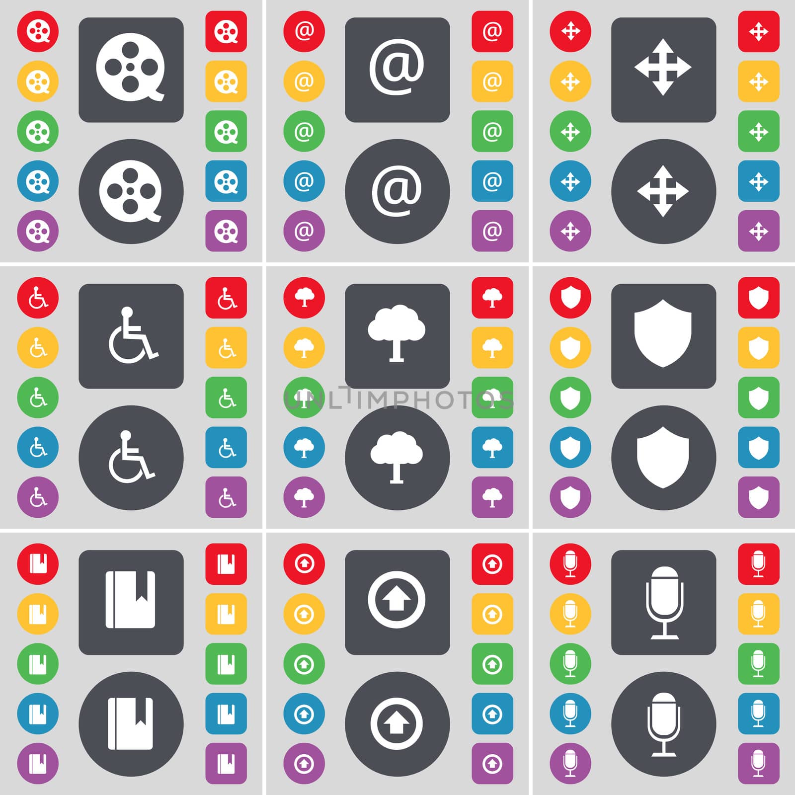 Videotape, Mail, Moving, Disabled person, Tree, Badge, Dictionary, Arrow up, Microphone icon symbol. A large set of flat, colored buttons for your design.  by serhii_lohvyniuk