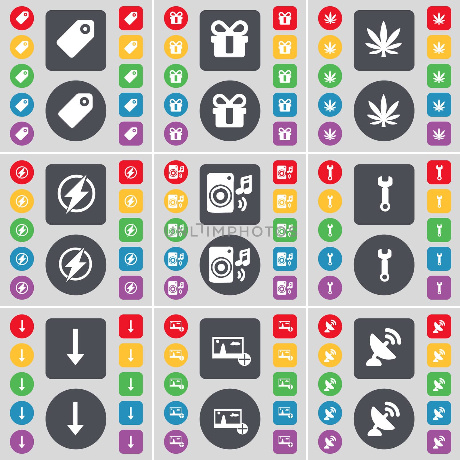 Tag, Gift, Marijuana, Flash, Speaker, Wrench, Arrow down, Picture, Satellite dish icon symbol. A large set of flat, colored buttons for your design.  by serhii_lohvyniuk
