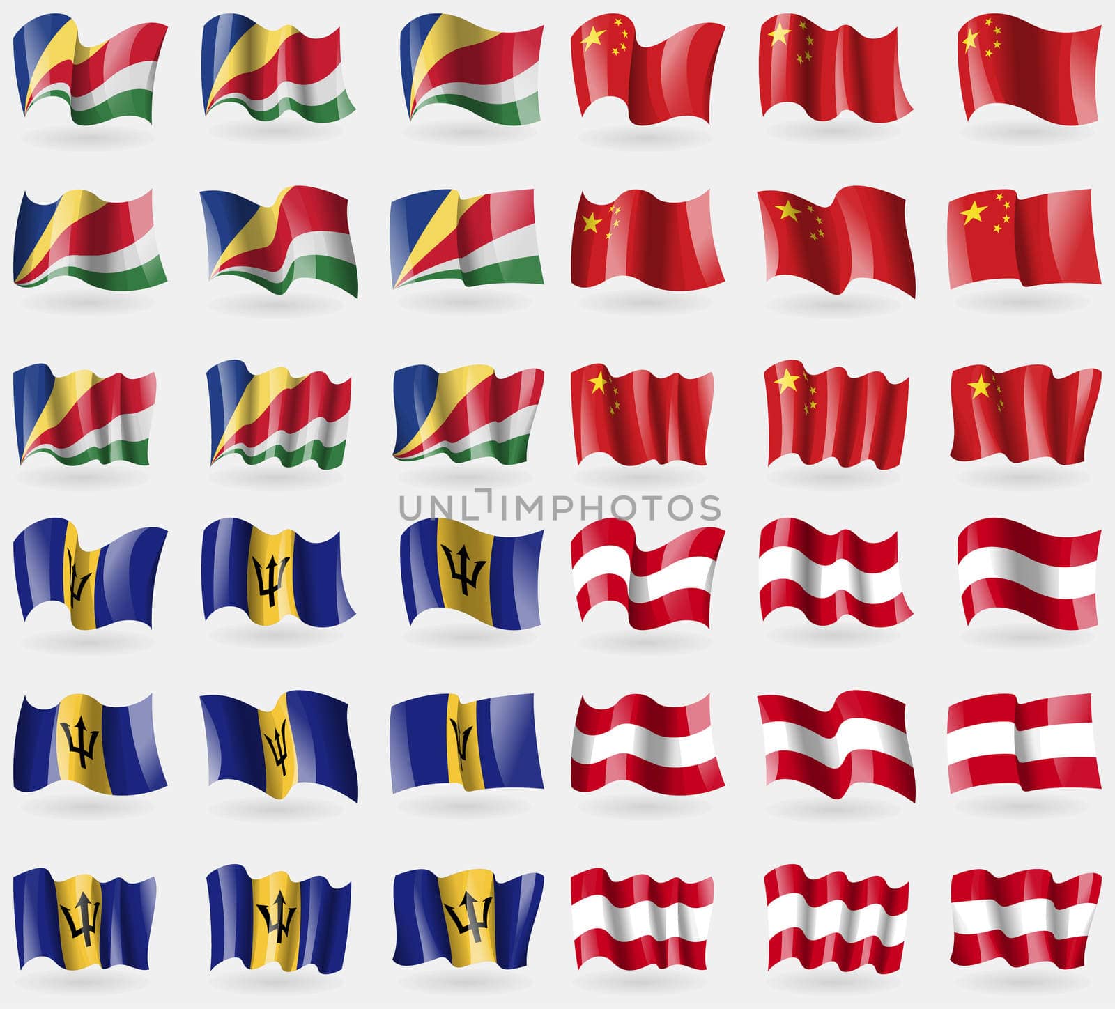 Seychelles, China, Barbados, Austria. Set of 36 flags of the countries of the world. illustration