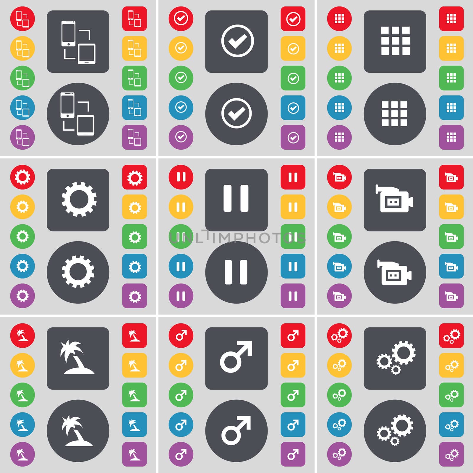 Connection, Tick, Apps, Gear, Pause, Film camera, Palm, Mars cursor, Gear icon symbol. A large set of flat, colored buttons for your design. illustration