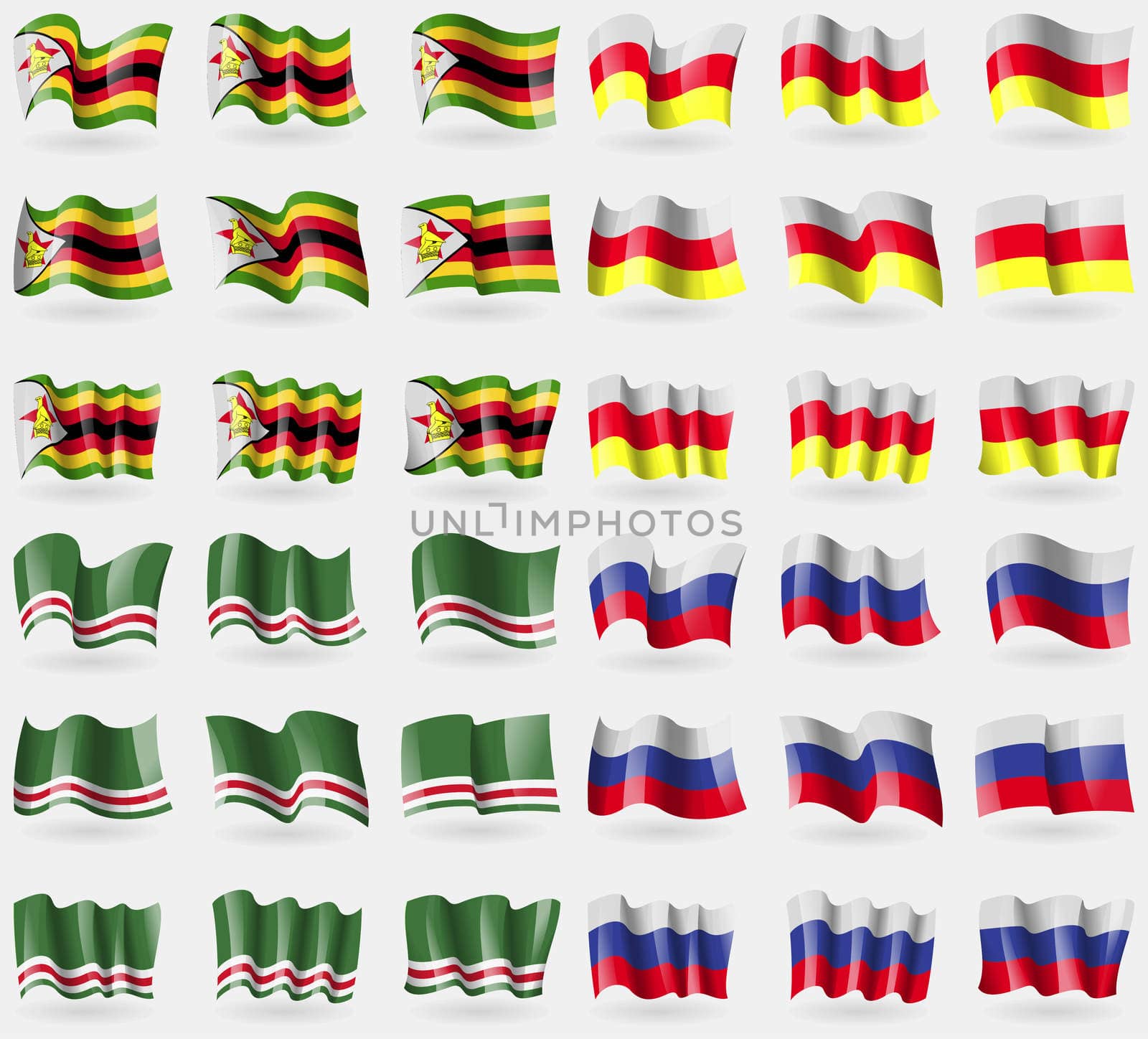 Zimbabwe, North Ossetia, Chechen Republic of Ichkeria, Russia. Set of 36 flags of the countries of the world. illustration