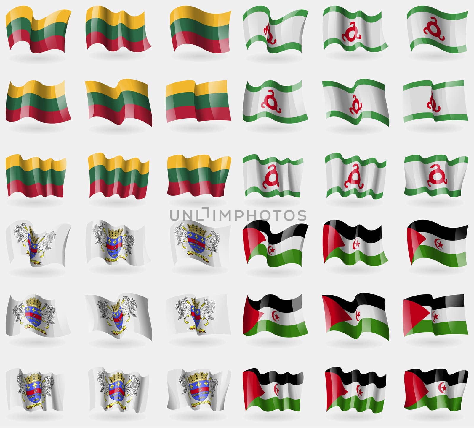 Lithuania, Ingushetia, Saint Barthelemy, Western Sahara. Set of 36 flags of the countries of the world. illustration