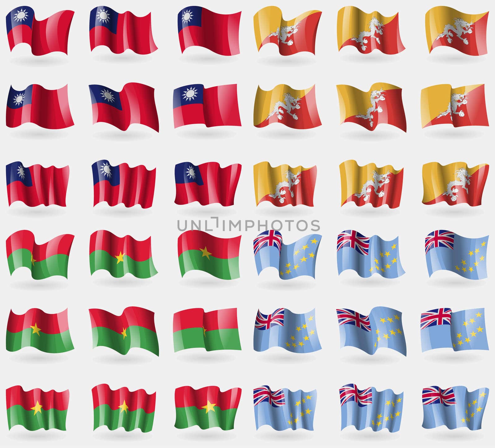 Taiwan, Bhutan, Burkia Faso, Tuvalu. Set of 36 flags of the countries of the world. illustration